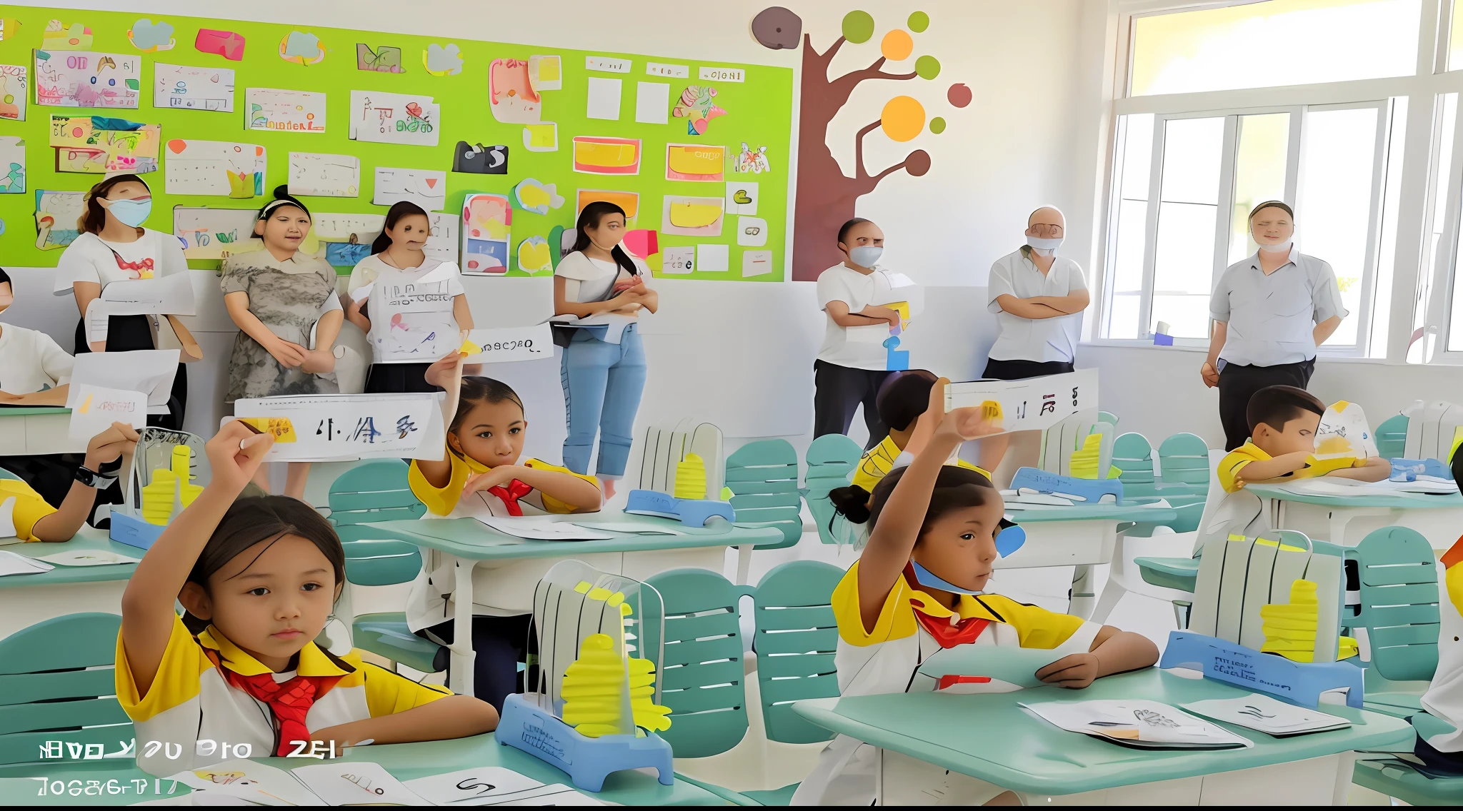 there are many children sitting at desks in a classroom, classroom in background, school classroom, school class, 🤬 🤮 💕 🎀, photo of a classroom, in a classroom, sitting in the classroom, in a school classroom, teacher, kid, standing in class, abcdefghijklmnopqrstuvwxyz, inside elementary school
