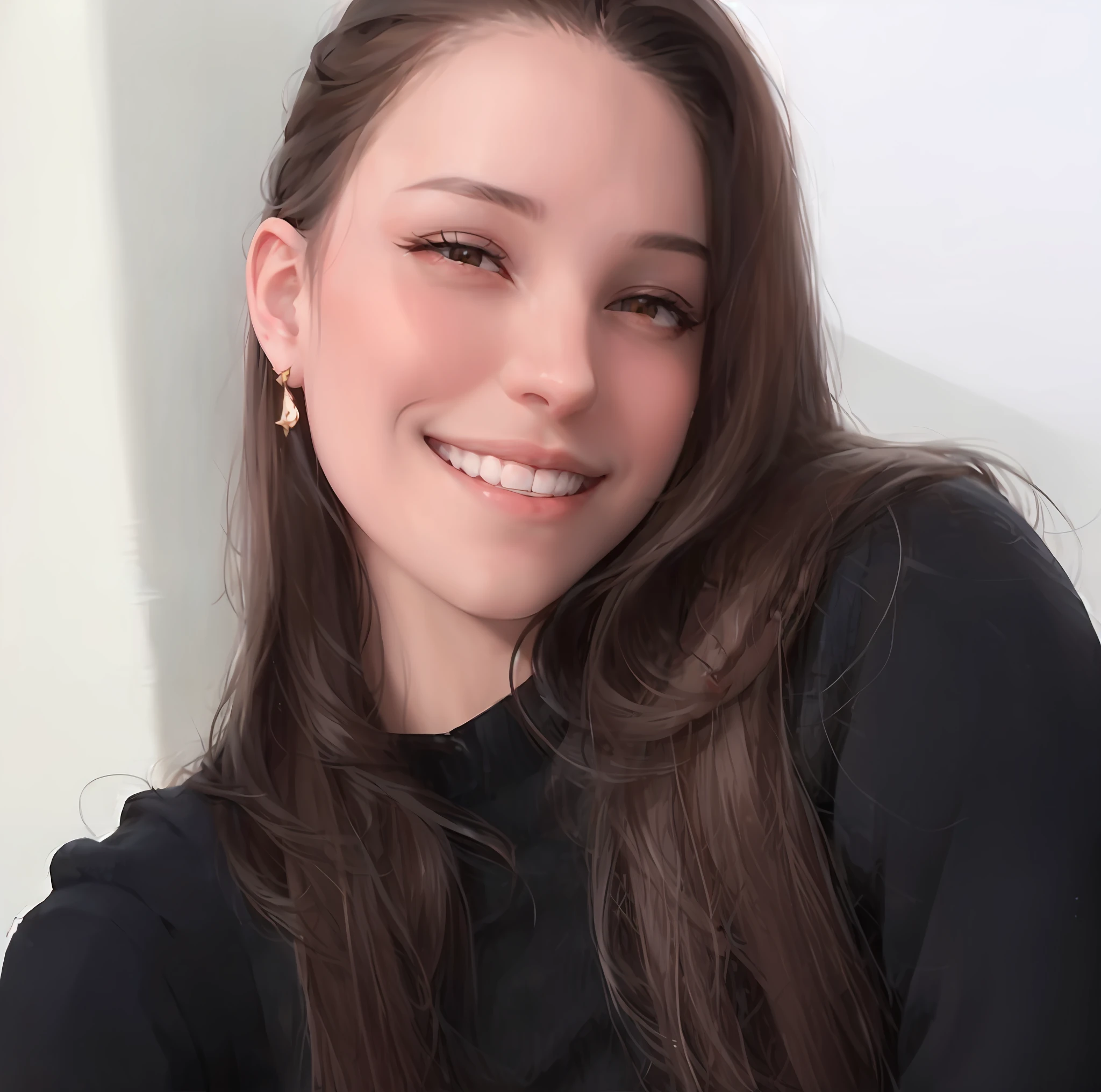 smiling woman with long brown hair and earrings sitting in front of a white wall, 30-year-old french woman, headshot profile picture, Malika Favre, Anastasia Ovchinnikova, no makeup, beautiful and smiling, profile picture, avatar image, Viktoria Gavrilenko, Kailee Mandel, high quality portrait, Ekaterina, red rose outfit, founds image a landscape,  beautiful landscape background