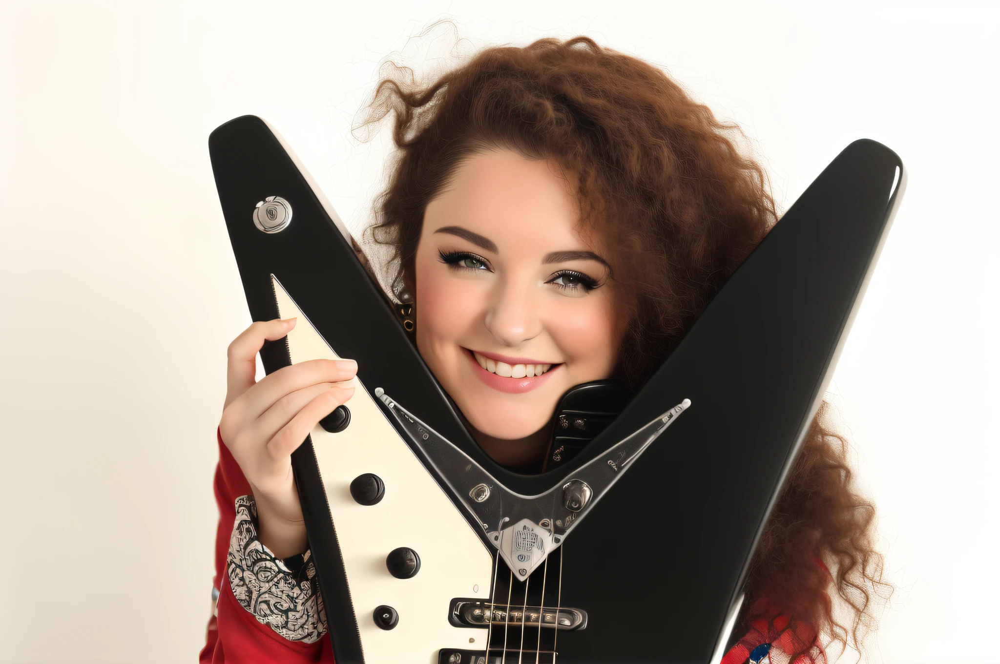 smiling woman holding up a guitar with a black and white body, holding electric guitars, holding electric guitar, holding a electric guitar, holding an electric guitar, holding a silver electric guitar, holding a guitar, musician, holding guitars, jill stingray, photo from a promo shoot, the girl plays the guitar, 2019, 2 0 1 9, dreamy rock girl