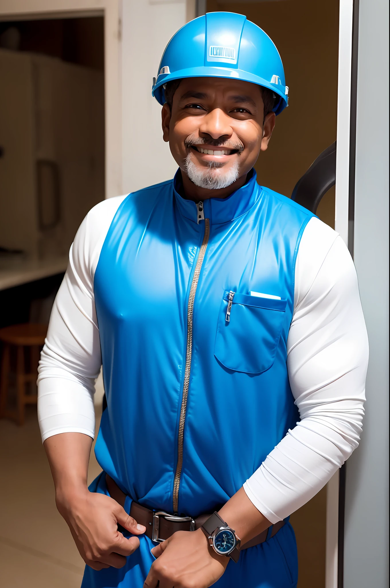 Photo of a brown, poor, electrician Brazilian man, smiling at the photo, wearing a blue helmet, facing the photo, with shoulders appearing, hands on belt, light blue long-sleeved jumpsuit, person facing the photo