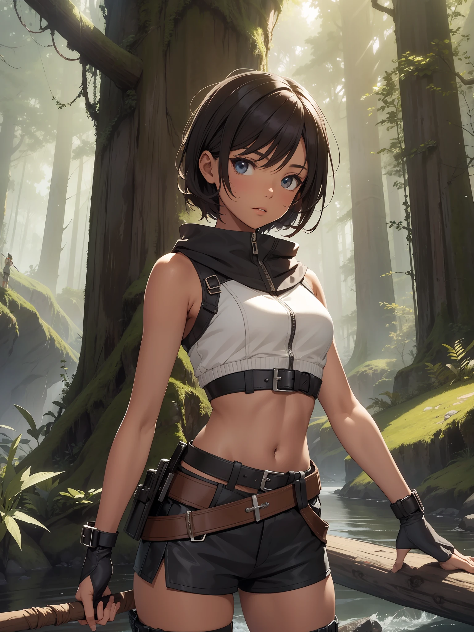 best quality, masterpiece, beautiful adventurer, dark tan, sexy, tomboy, petite, midriff, spear, shorts, white sleeveless jacket, belts, redwood forest, river, adventurous, mysterious