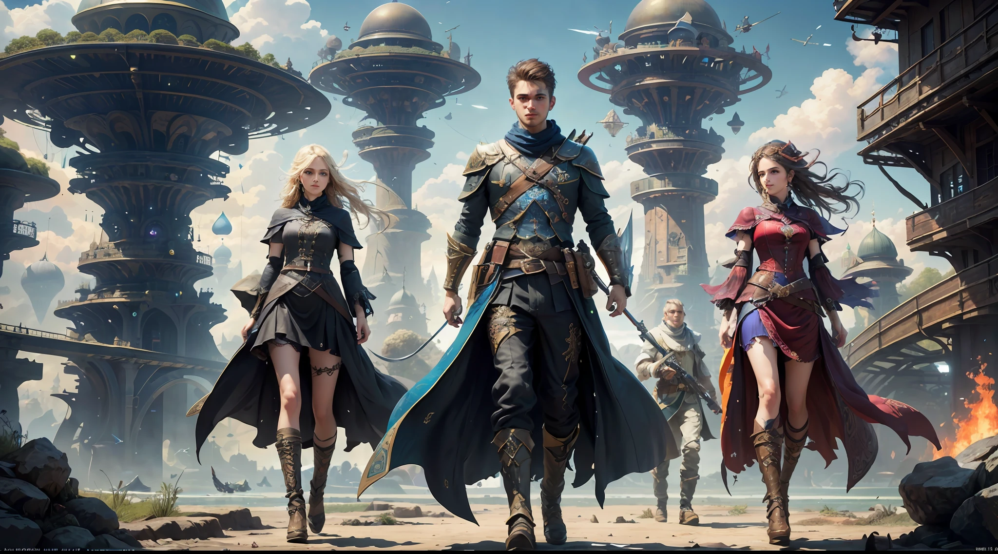 (((Multiplayer, Vivid Eyes, Man and Woman))), Best Quality, Realistic, Realistic, Award-Winning Illustrations, (Complex Details: 1.2), ((Fine Details)), (Intricate Details), (Cinematic Light, Best Quality Backlight), Clear Lines, Sharp Focus, Official Art, Unity 8k Wallpapers, Ridious, Incredibly Ridiculous, Fantasy Art, RTX, ((Award-winning Triangle Studio Close-up Photo)), 1 Boy, (Shut Up), Best Quality,4K, beautiful mysterious creatures, female, flying, surrealism, masterpieces of NCWINTERS, in mysterious country towns, masterpieces, intricate details, ff14style, urban painting, bridge, river, giant mushrooms, landscape, bright colors, (((full body portrait))),
