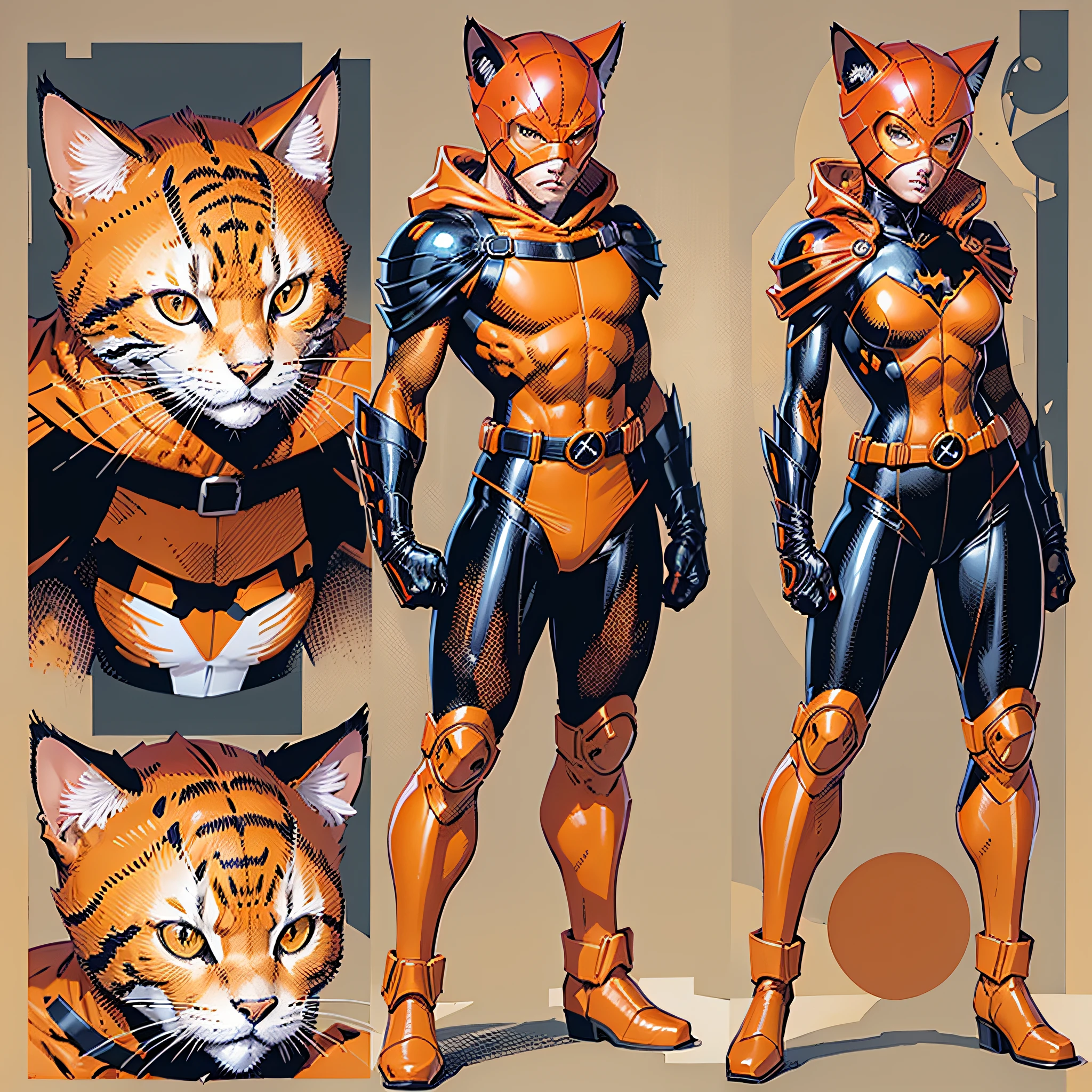 Young 22 years old, orange brusa,black long sleeve,orange glove,orange belt,black pants,orange boots,orange hood with feline ears,orange mask, Super Hero, brown hair, full body character,detailed,reference sheet,T pose,white background