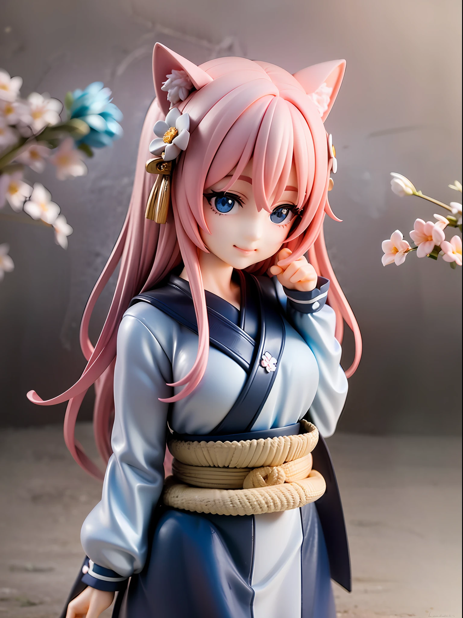 1girl, cat ears, cat tail, cherry blossom ,long pale hair, chibi, beautiful bright blue eyes, smiling, wearing a white kimono, standing under a night sky with a full moon, moon light,surrounded by blue roses, [realistic], [3d], (8k, RAW photo, best quality, masterpiece:1.2), ultra high res, photo realistic, professional lighting, detailed lighting, professional photography, high quality, high res, extremely detailed, bloom, depth of field, sketch, sharp focus, soft lighting, detailed, detailed skin, to8contrast style.