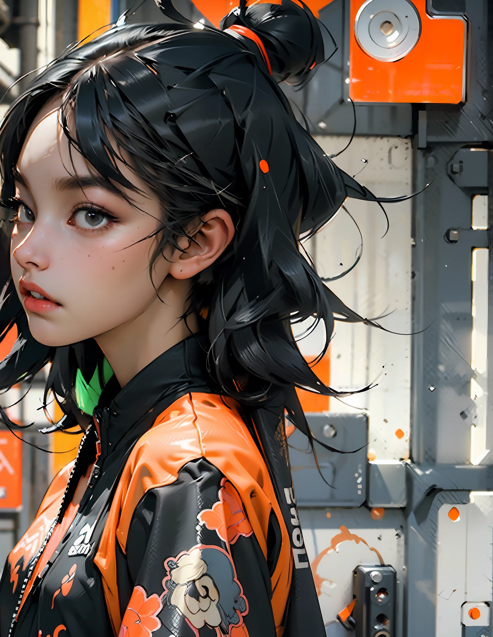 ((Best quality)), ((masterpiece)), ((realistic)) and ultra-detailed photography of a 1nerdy girl with neon headphones. She has ((black hair)), is wearing an orange techwear jacket, and exudes a ((beautiful and aesthetic)) vibe.