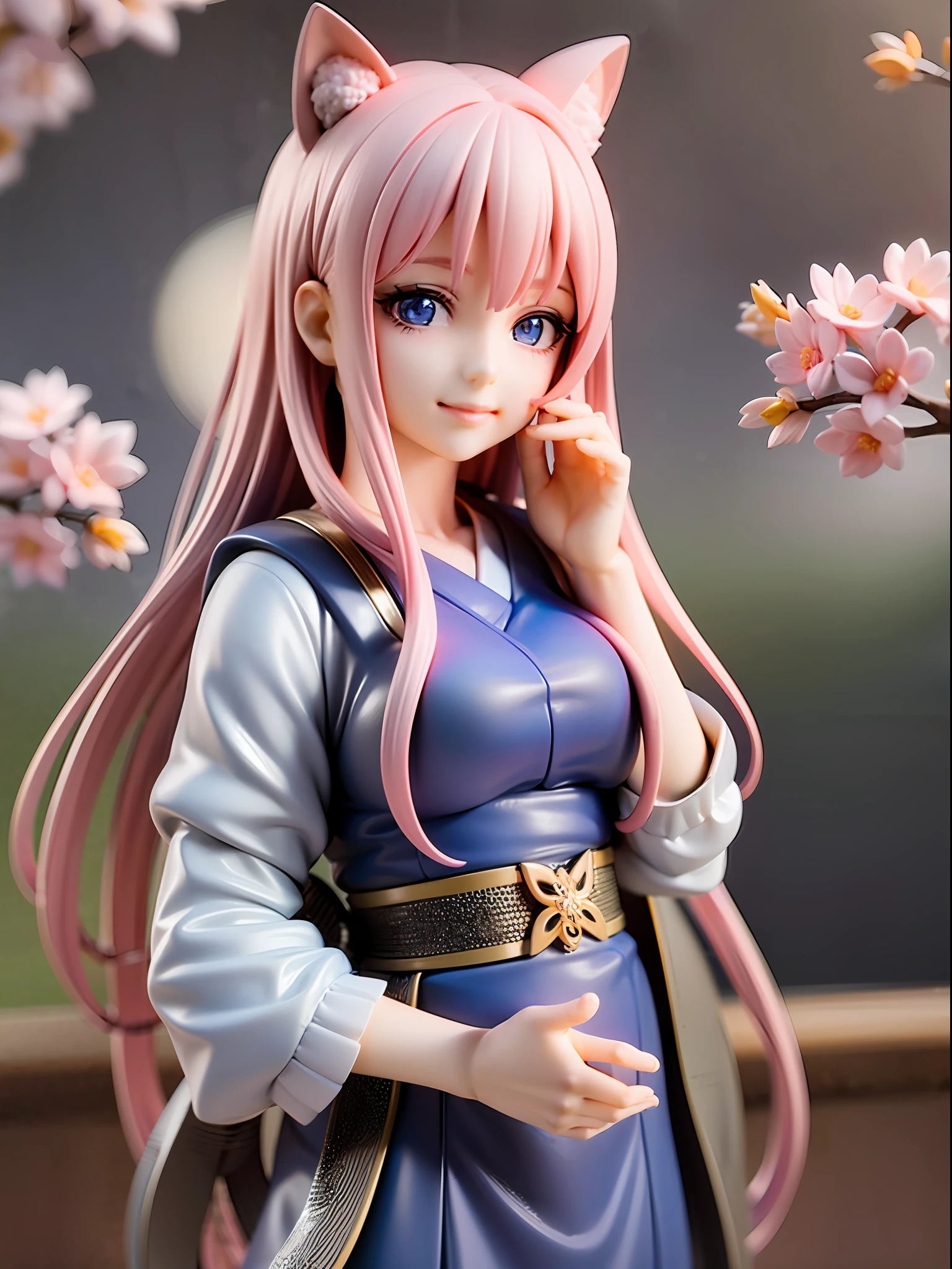 1girl, cat ears, cat tail, cherry blossom ,long pale hair, chibi, beautiful bright blue eyes, smiling, wearing a white kimono, standing under a night sky with a full moon, moon light,surrounded by blue roses, [realistic], [3d], (8k, RAW photo, best quality, masterpiece:1.2), ultra high res, photo realistic, professional lighting, detailed lighting, professional photography, high quality, high res, extremely detailed, bloom, depth of field, sketch, sharp focus, soft lighting, detailed, detailed skin, to8contrast style.