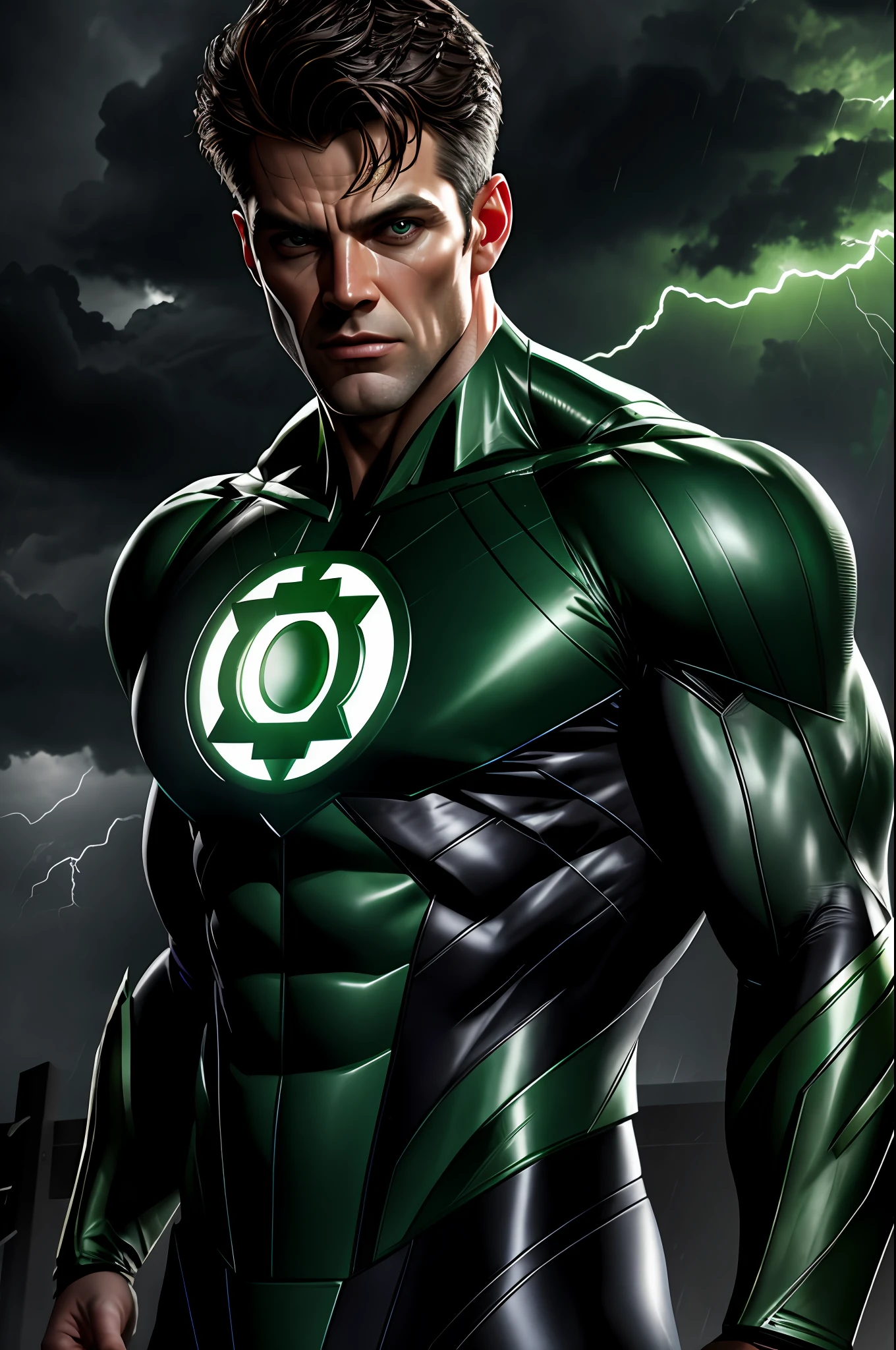 Green Lantern, cinematic, hyper-realistic, photo, detailed skin, hdr, cinematography, rain, lightning with storm, different air