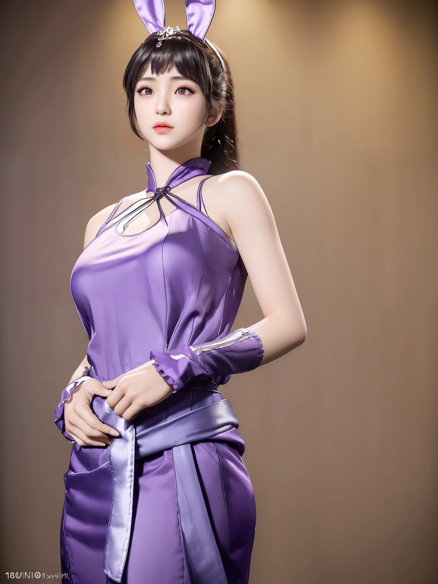 xiaowu, ({1girl, solo}:2), mature female, masterpiece, mistress, goddess, rabbit ears, standing, ring, tight clothes, tight dress, (no bra), ({masterpiece, best quality, realistic, photography, RAW, Nikon, 85mm, real life, sharp focus, 8k UHD, photo realistic, high resolution, ultra-detailed, anatomically correct, super detail, award winning, highres, 1080P, 16k, 8k, 4K, HD, ccurate}:1.4), (clarity:1.1), ({extremely detailed realistic hair, beautiful realistic hairstyle, realistic dark purple hair}:1.3), ({beautiful realistic face, extremely detailed realistic face}:1.3), ({realistic purple eyes, extremely detailed realistic eyes, perfect eyes, eye-level shot, extremely detailed realistic pupils, detailed realistic retina, extremely detailed realistic eyelashes}:1.5), ({detailed realistic lips, beautiful realistic lips}:1.3), ({proportional anatomy, upper body from head to thighs, slender abs}:1.5), ({proportional realistic breasts, realistic medium breasts}:1.3), ({detailed realistic skin, realistic natural skin color, natural skin texture}:1.4), (arms behind waist:1.5)