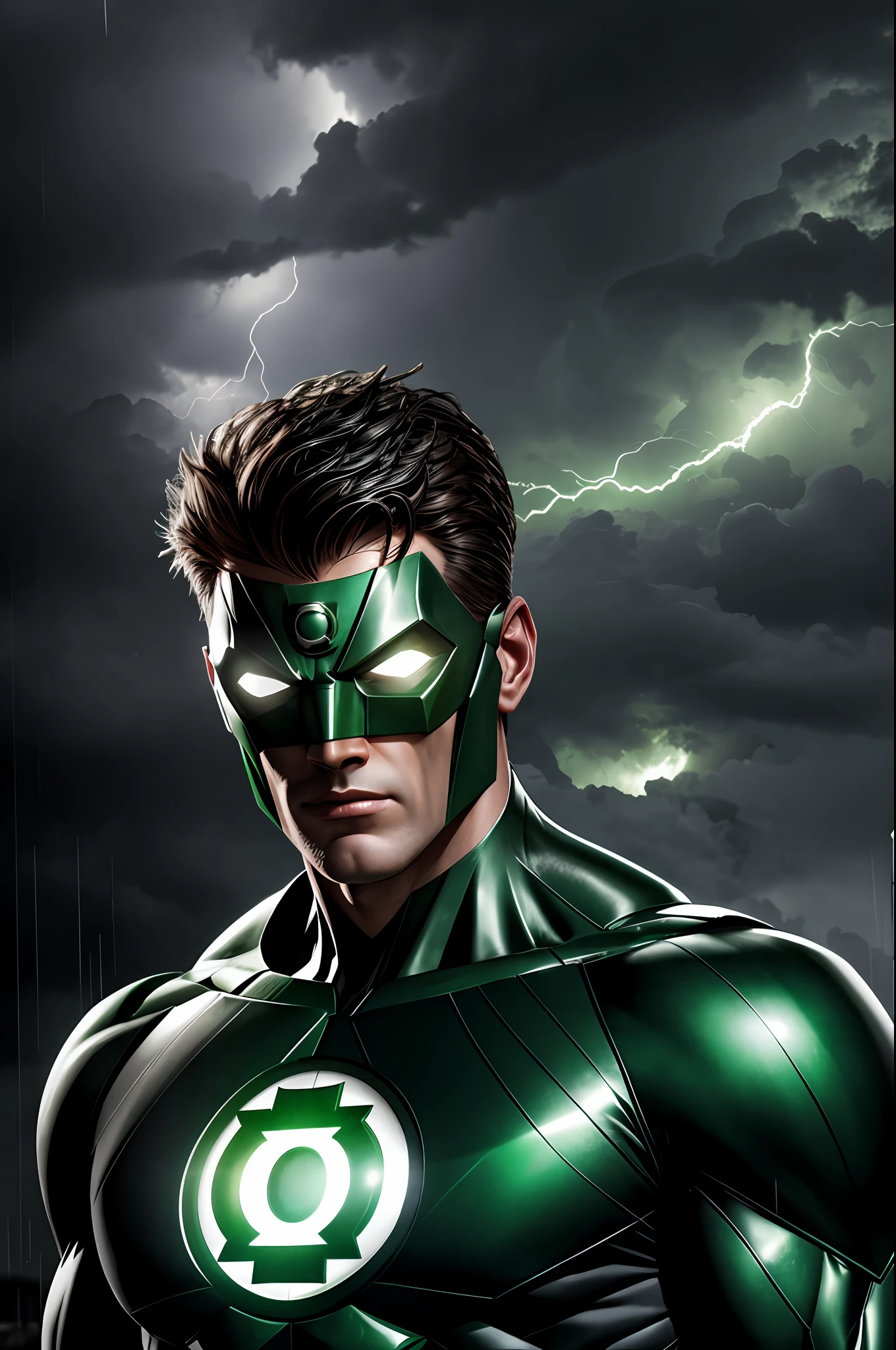 Green Lantern, cinematic, hyper-realistic, photo, detailed skin, hdr, cinematography, rain, lightning with storm, different air