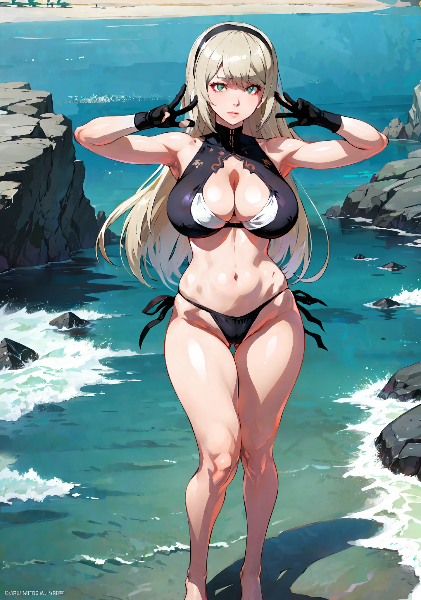 2b in a bikini, 2b of nier automata, costume: Bikini, bikini, in a bikini, swimsuit, full body:: Sunny Weather::, Marin Kitagawa fanart,seductive anime girl, Joy Ride art style, cat eyes, fit body, gynoid body, perfect body, big breasts, Ilya Kuvshinov, Anime Moe Artstyle, On the beach, realistic bikini,