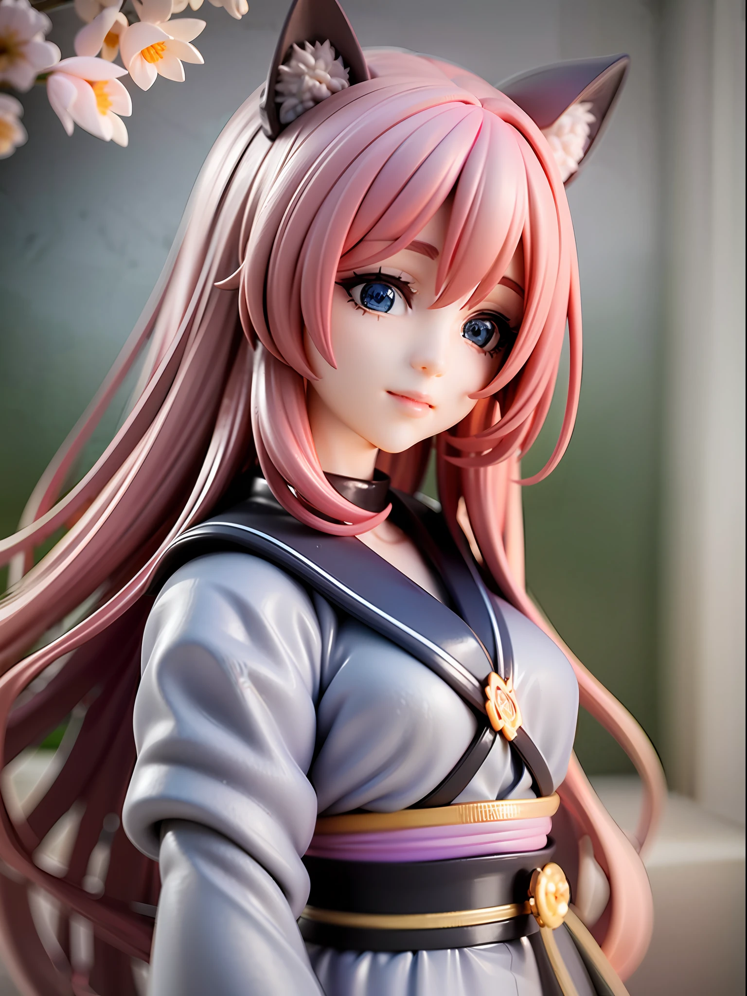 1girl, cat ears, cat tail, cherry blossom ,long pale hair, chibi, beautiful bright blue eyes, smiling, wearing a white kimono, standing under a night sky with a full moon, moon light,surrounded by blue roses, [realistic], [3d], (8k, RAW photo, best quality, masterpiece:1.2), ultra high res, photo realistic, professional lighting, detailed lighting, professional photography, high quality, high res, extremely detailed, bloom, depth of field, sketch, sharp focus, soft lighting, detailed, detailed skin, to8contrast style.