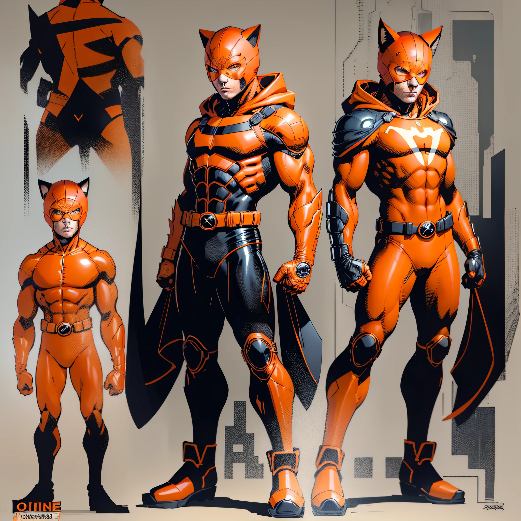 22 year old boy,orange brusa,black long sleeve,orange glove,orange belt,black pants,orange boots,orange hood with feline ears,orange mask,super hero, brown hair,full body character,detailed,reference sheet,T pose,white background --seed3858618612