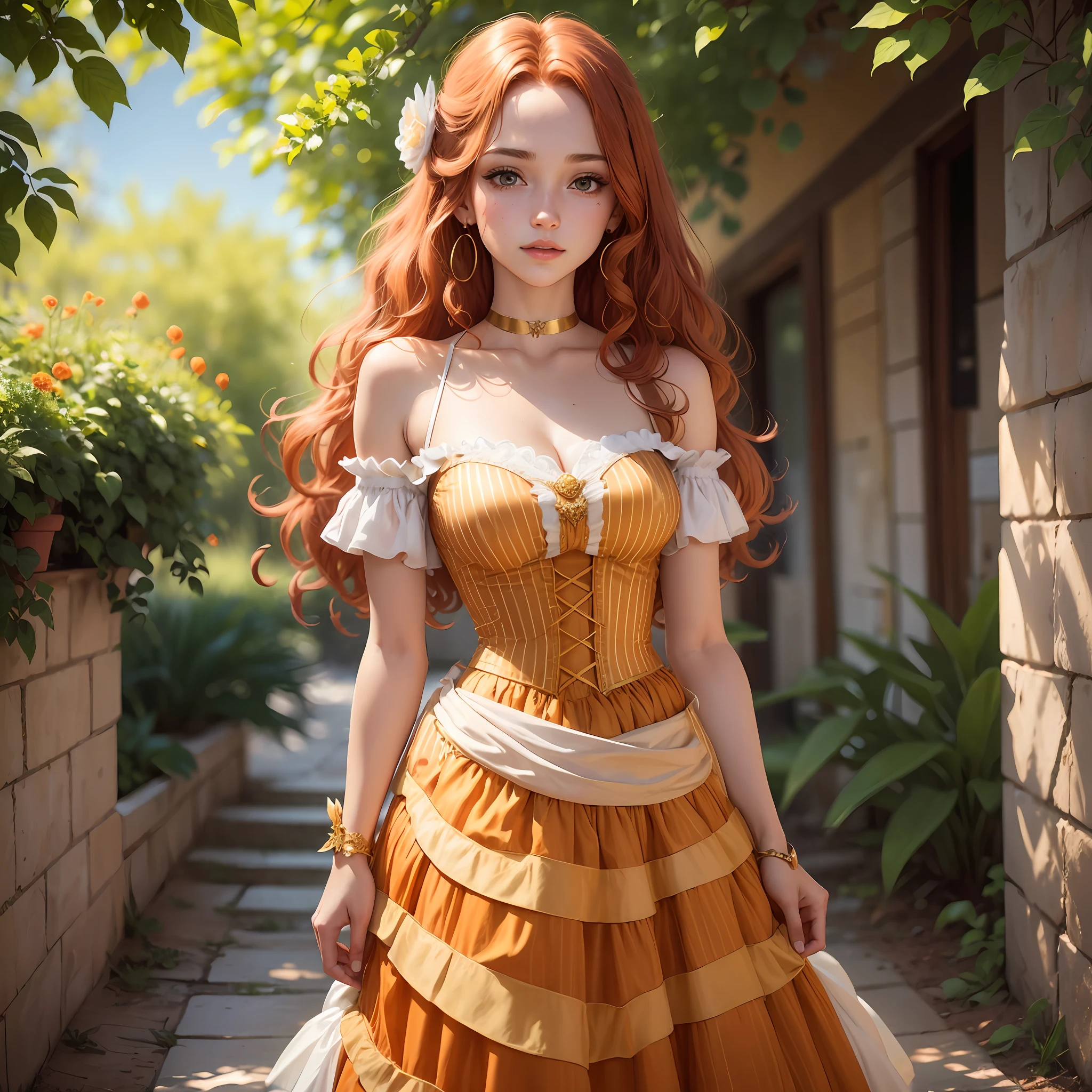 She wore a dress with a V-shaped orange bodice down to her waist, a white skewed long skirt with bodice stripes and a gorgeous gold adornment over the dress. princess