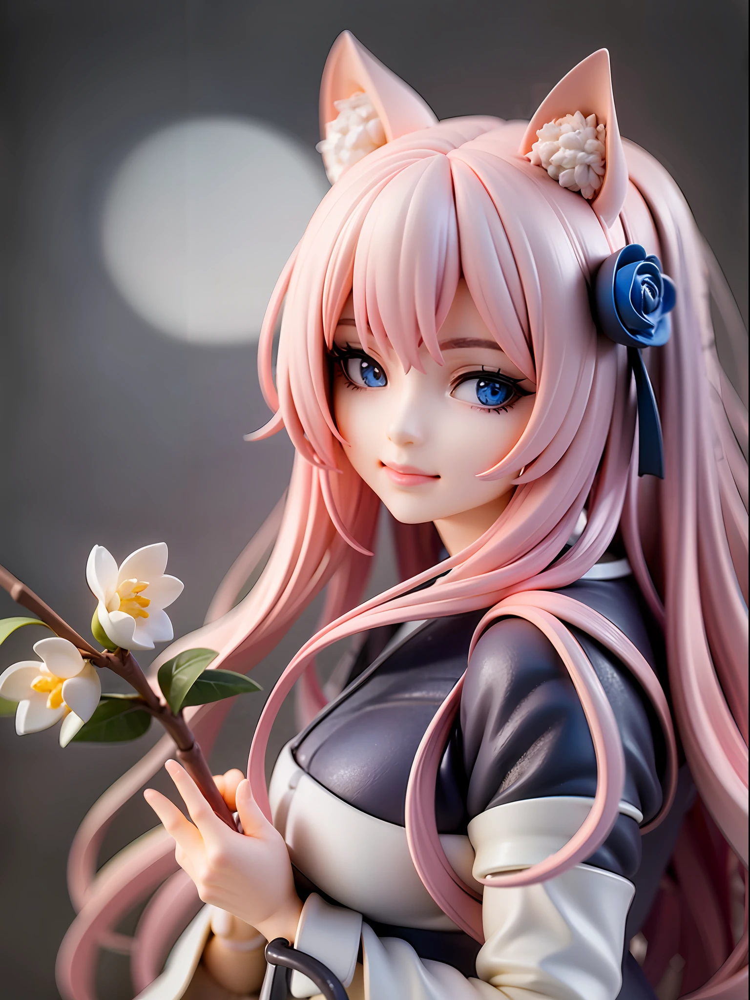 1girl, cat ears, cat tail, cherry blossom ,long pale hair, chibi, beautiful bright blue eyes, smiling, wearing a white kimono, standing under a night sky with a full moon, moon light,surrounded by blue roses, [realistic], [3d], (8k, RAW photo, best quality, masterpiece:1.2), ultra high res, photo realistic, professional lighting, detailed lighting, professional photography, high quality, high res, extremely detailed, bloom, depth of field, sketch, sharp focus, soft lighting, detailed, detailed skin, to8contrast style.