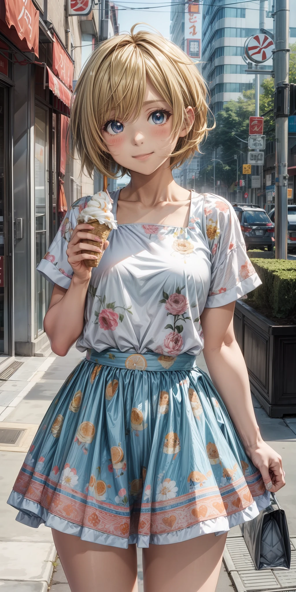 Anime style, 1girl, short blond hair, Blue eyes, Not so short Orange skirt, White blouse, (eating ice cream) , sunny Day, suuny scenery, confident smile, masterpiece, (high quality), high definition,