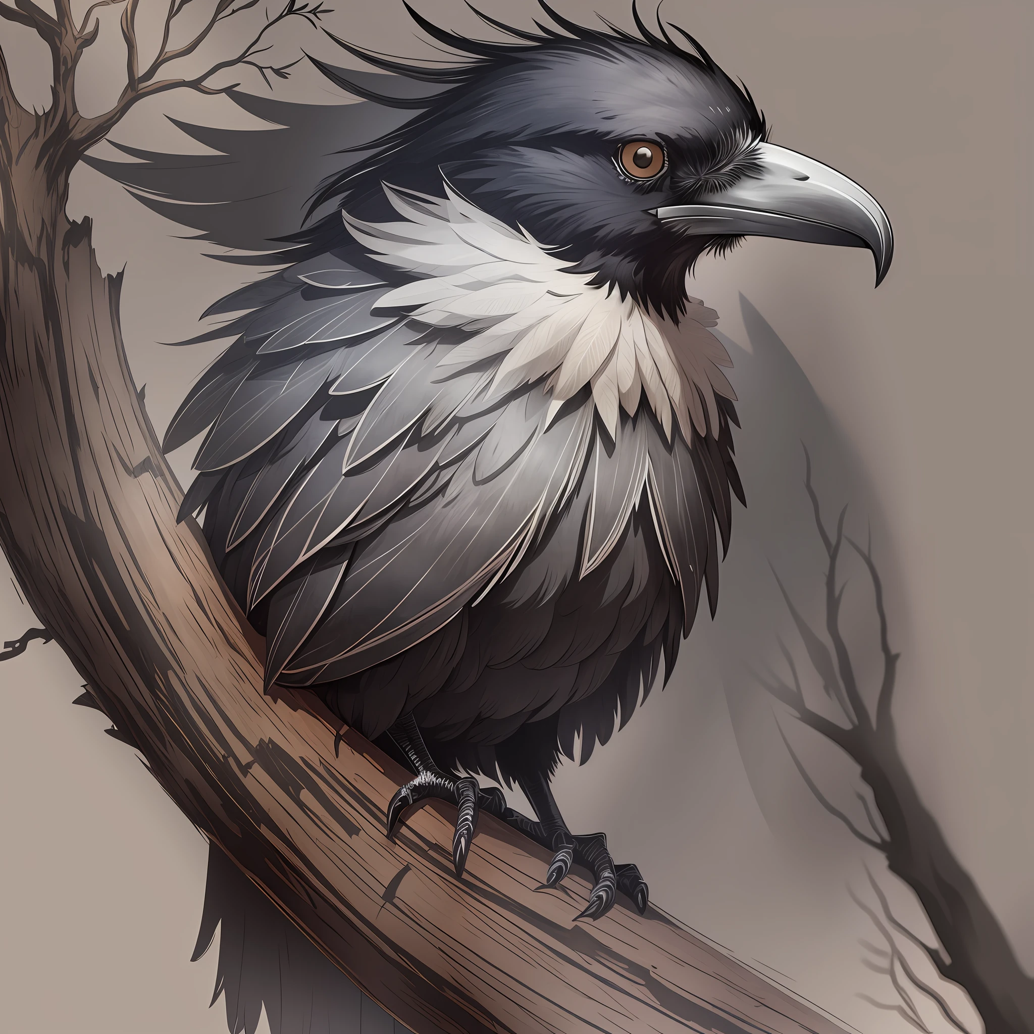 Raven 2d, black drawing style blackwork sketch, tree with brown dry leaves, fine lines. --auto --s2