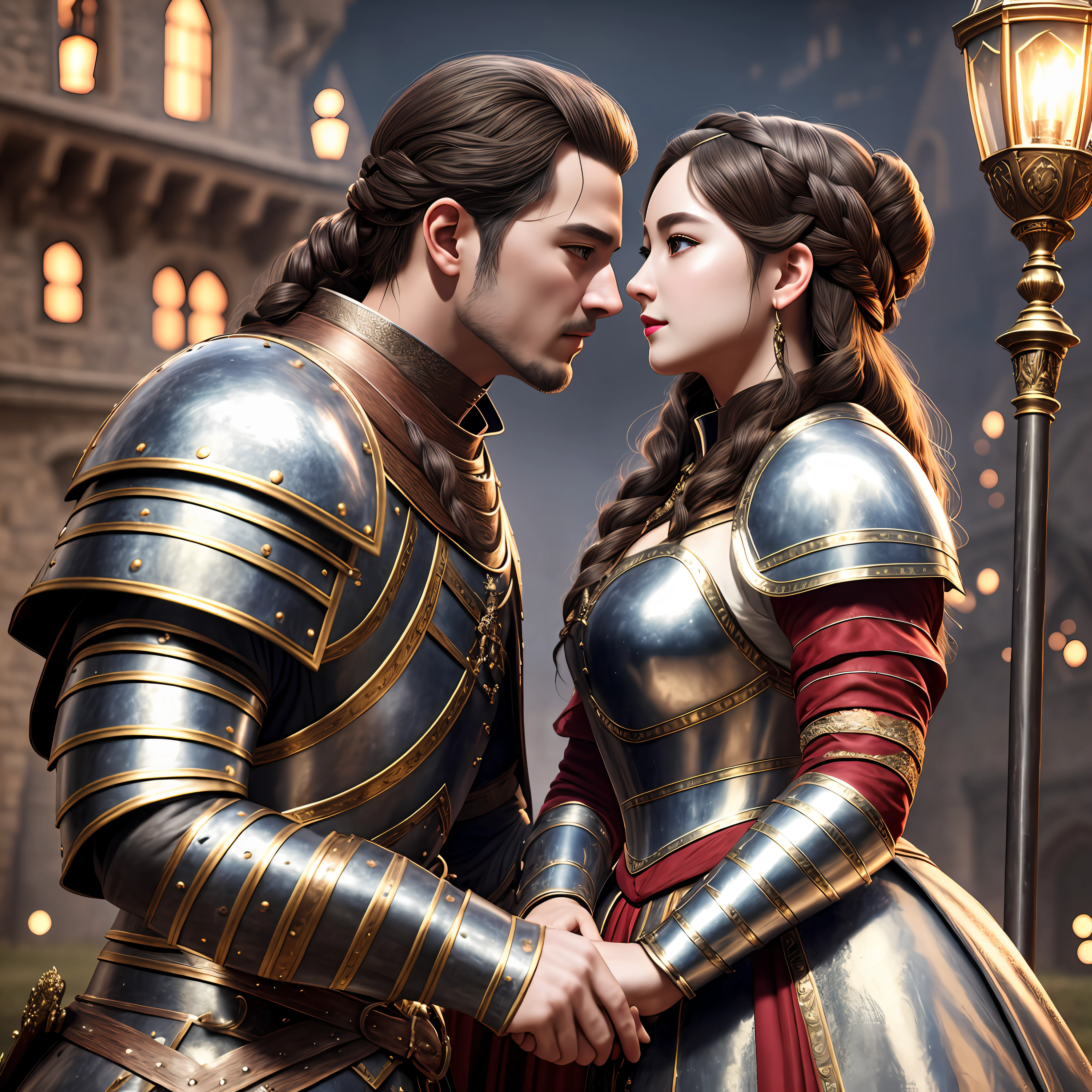 a 60-year-old man in medieval armor and an 18-year-old woman in a medieval dress mouth red lipstick in the backyard of the castle kissing at night and dark full moon with enough fog varies torch and lamp, and lighting by lamp and torch, realistic hair, ultra realistic city dress 8k realistic eyes,  realistic wall, realistic sidewalk, ulzzang-6500-v1.1, 3D,(raw photo: 1.2), (photorealistic: 1.4) ultra realistic GGI, wallpaper, fine details, global lighting, ultra realistic HDR lighting, masterpiece, best quality, very detailed CG, rey tracing, --auto --s2