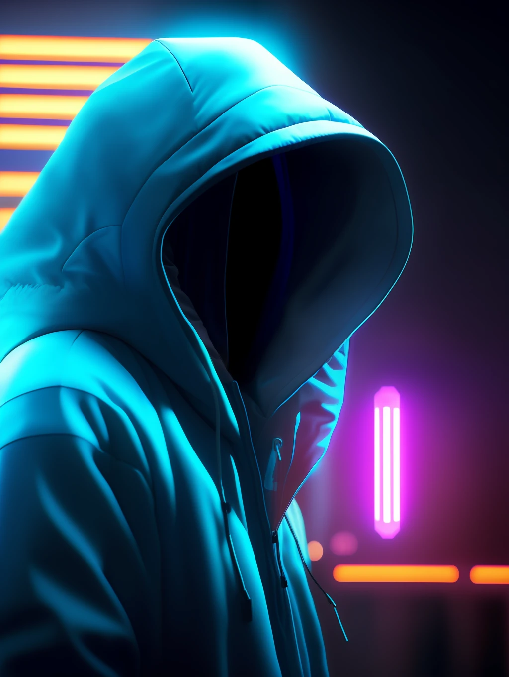 Hoodedie on a man in a blue jacket with neon lights, wearing sci-fi hooded cape, hooded sith lord, cyberpunk anime girl in hoodie, cyberpunk hacker, sci-fi hologram, surreal hooded figure, cyberpunk with neon lighting, beeple-style, 3d render beeple, hybrid style beeple mix, 1024x1024, 8k,