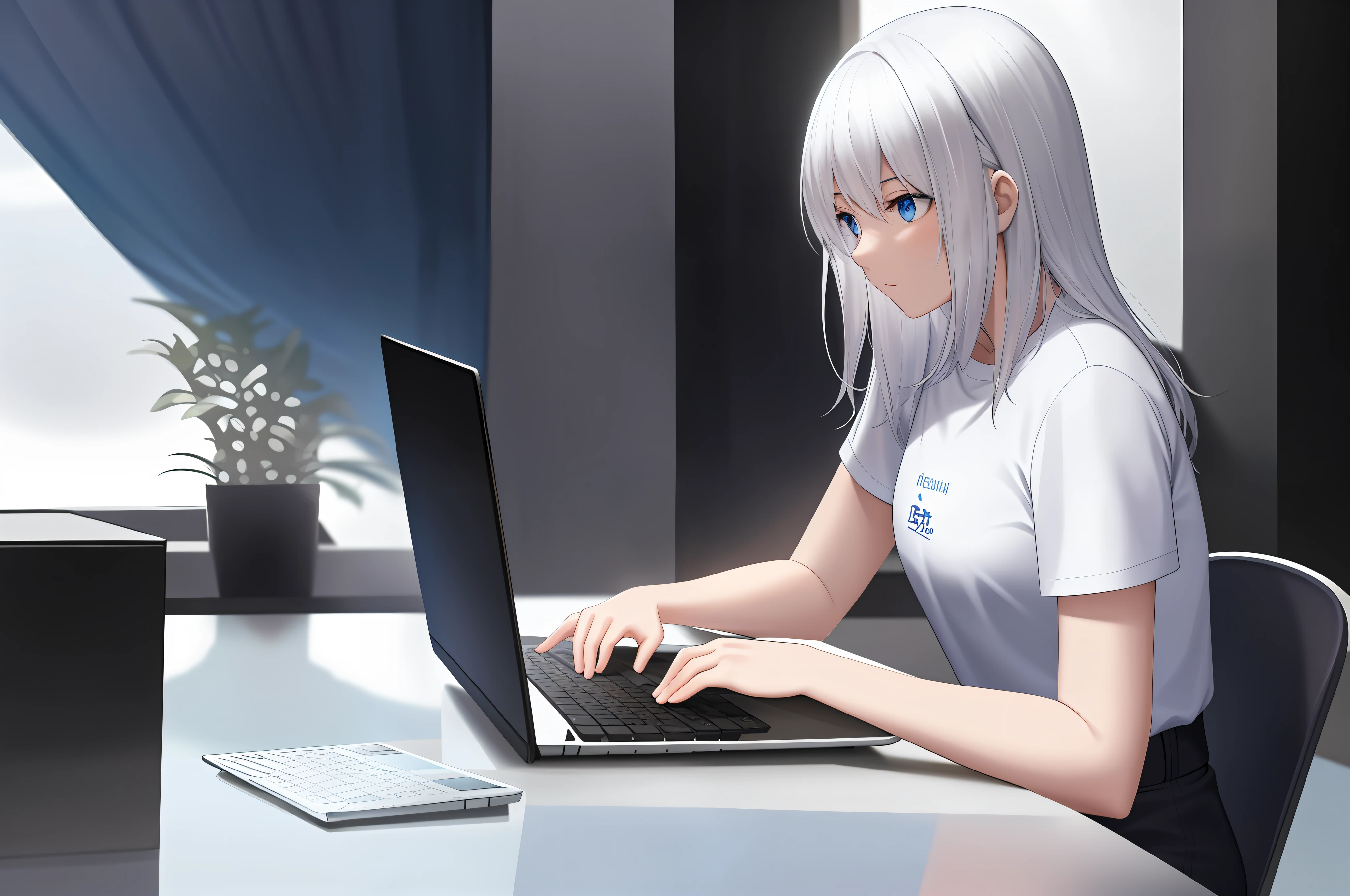 A age girl, white hair, blue eyes, white T-shirt, black pants, sitting at a desk with a laptop.