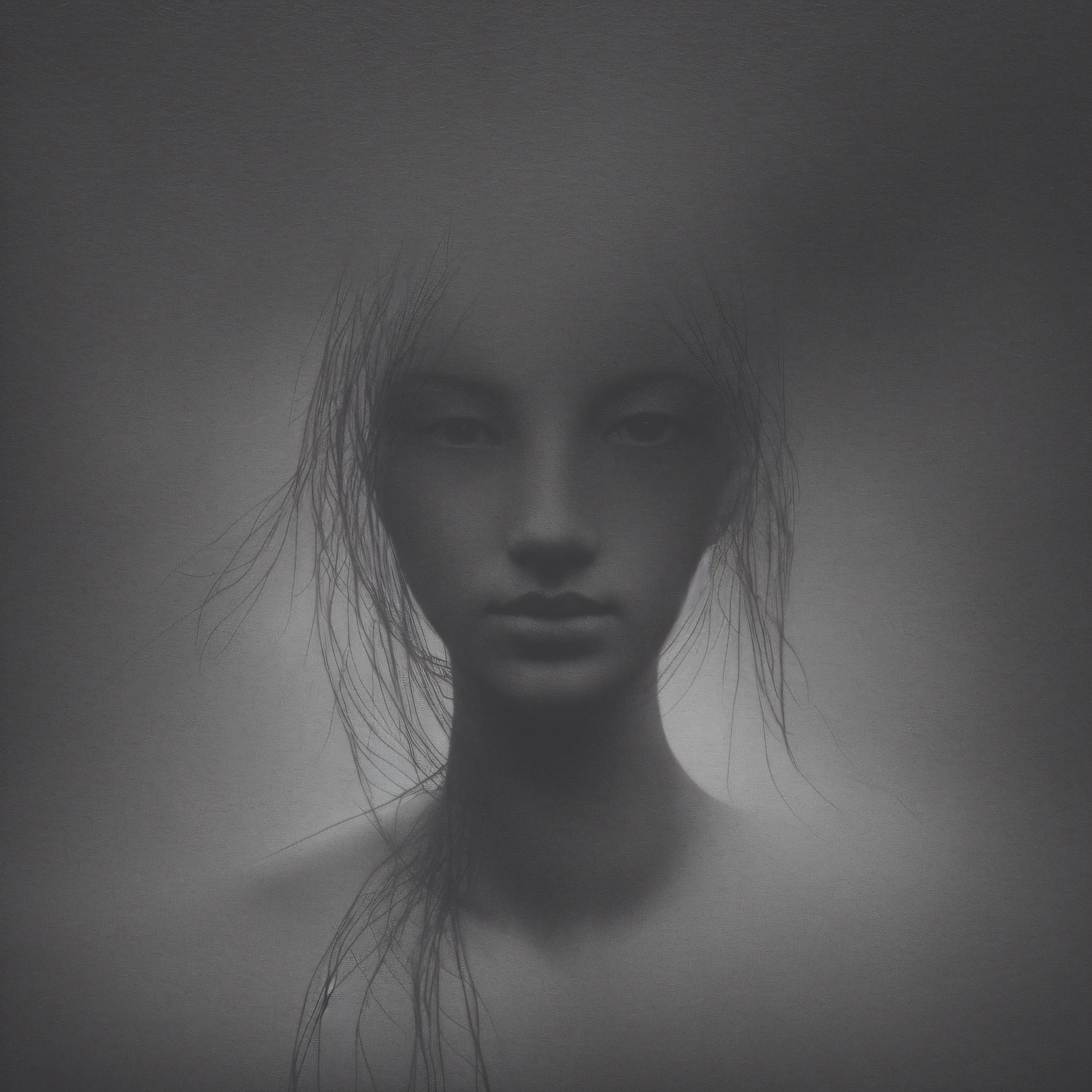 A faceless girl with snake skin, shining in the dark, black background, sad, inspired by Beksinski, William Blake art, ink and watercolor, renaissance art, mist and fog, photorealistic detail, black and white, dust, film grain, contrast