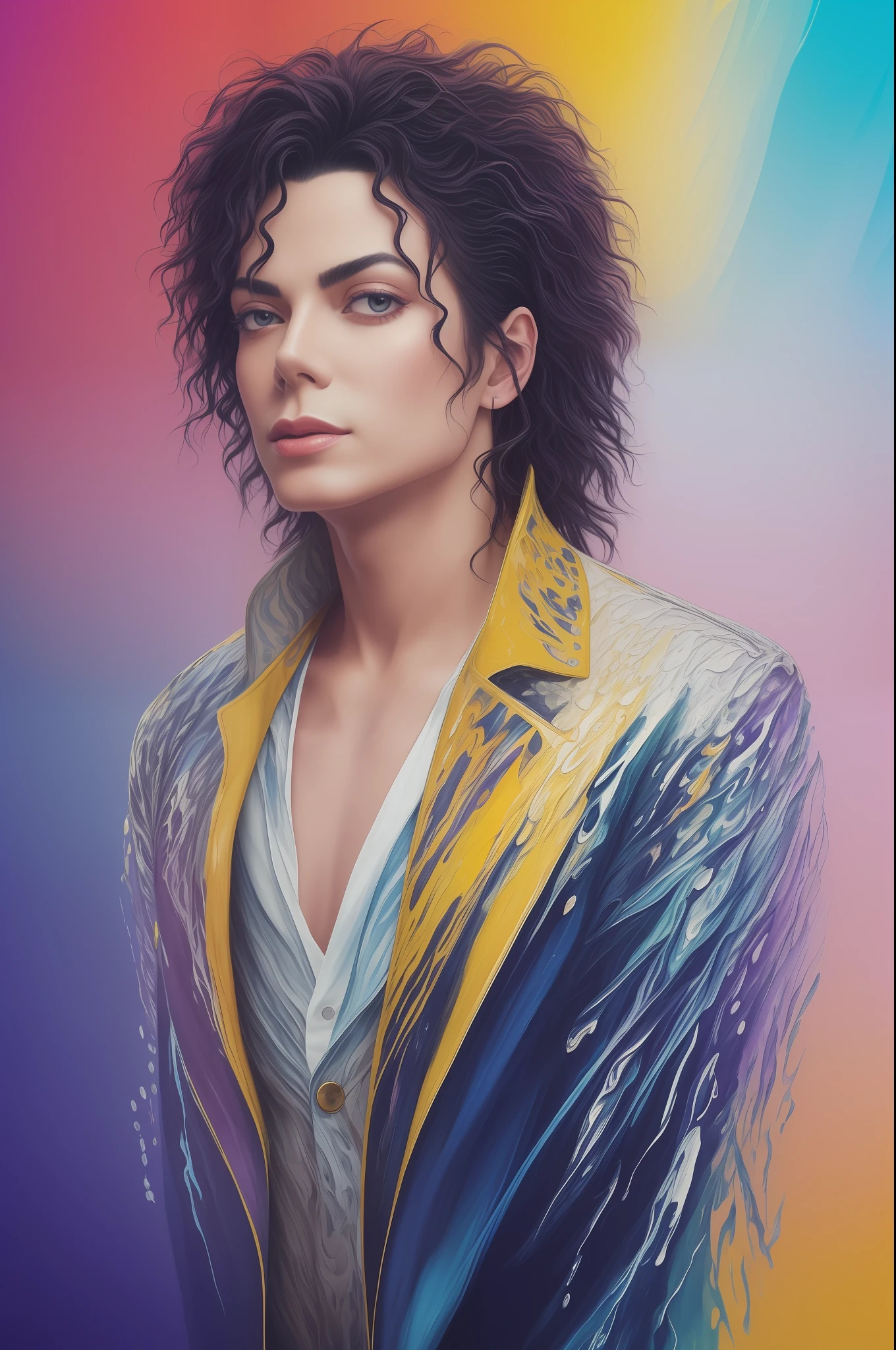 Michael Jackson in show clothes, oil painting, perfect face with soft skin and perfect face, blue yellow colors, light purple and violet additions, light red additions, intricate details, home screen, 8k resolution, masterpiece, beautiful face, digital painting Artstation soft ink flow Black: 8K resolution Photorealistic masterpiece: intricately detailed fluid gouache painting: by Jean Baptiste Mongue: calligraphy: acrylic: watercolor art, professional photography, natural lighting, volumetric lighting Maximalist photoillustration: by Marton Bobzert: , complex, elegant, expansive, fantastic.