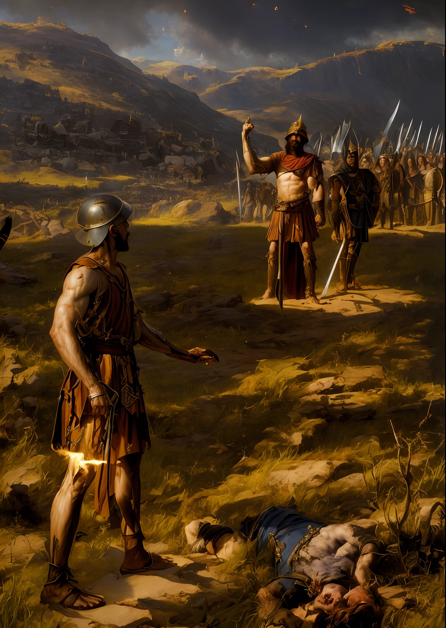 a painting of a man holding a sword and a man in a brown robe, painting of goliath, david and goliath, by Jeff Easley, dark old-school fantasy art, by Alex Horley, by Joe Jusko, Gerald Brom and Vincent di Fate, by Alex Horley-Orlandelli, jeffrey jones, jeff easley dramatic light, _in_a_field,dark_sky, (beat_up:1.2),arms_crossed,dark_shadows_around_eyes,(white_shirt_ripped:0.6),exhausted,bruised,(almost_dead:1.2),bare_chested,(in_pain:1.2),covered_in_wounds,(ashenhard_style:0.7)