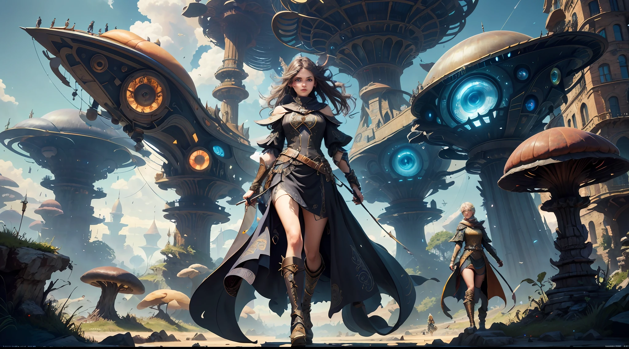 (((Multiplayer, Vivid Eyes, Man and Woman))), Best Quality, Realistic, Realistic, Award-Winning Illustrations, (Complex Details: 1.2), ((Fine Details)), (Intricate Details), (Cinematic Light, Best Quality Backlight), Clear Lines, Sharp Focus, Official Art, Unity 8k Wallpapers, Ridious, Incredibly Ridiculous, Fantasy Art, RTX, ((Award-winning Triangle Studio Close-up Photo)), 1 Boy, (Shut Up), Best Quality,4K, beautiful mysterious creatures, female, flying, surrealism, masterpieces of NCWINTERS, in mysterious country towns, masterpieces, intricate details, ff14style, urban painting, bridge, river, giant mushrooms, landscape, bright colors, (((full body portrait))),