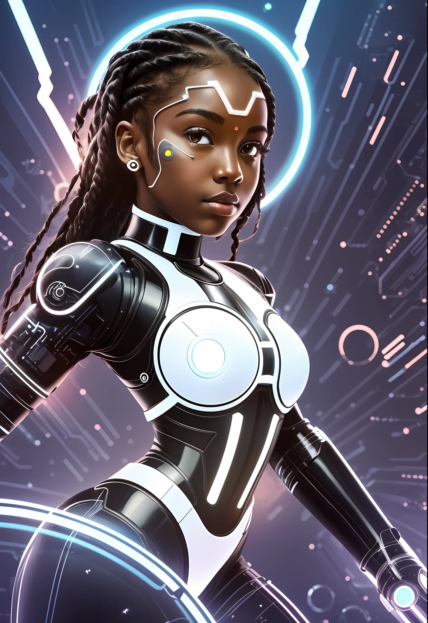 a photo of a cyborg girl, dark skinned, bodysuit, high key, [(white background: 1.2),::5] ((circle), framing: 1.2), (beautiful detailed splash color art: 1.3), rotational symmetry,,CircuitBoardAI