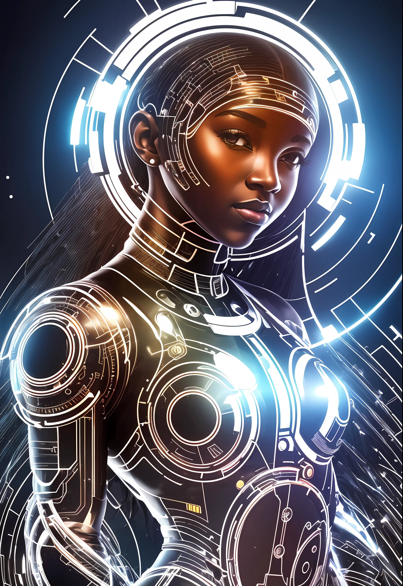 a photo of a cyborg girl, dark skinned, bodysuit, high key, [(white background: 1.2),::5] ((circle), framing: 1.2), (beautiful detailed splash color art: 1.3), rotational symmetry,,CircuitBoardAI