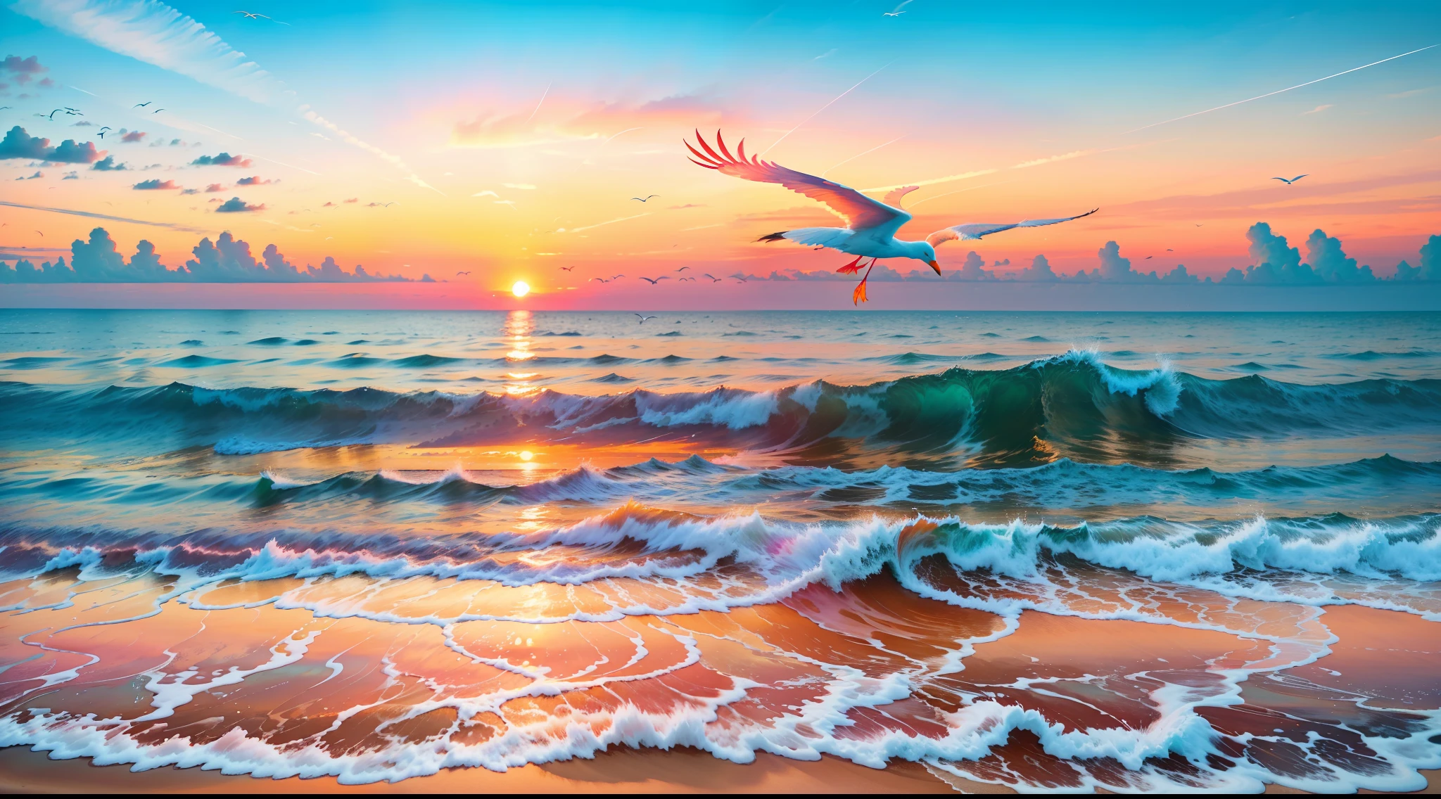 An absolutely mesmerizing sunset on the beach, with a mix of orange, pink, and yellow in the sky. The water is crystal clear, gently kisses the coast, and the white sand is endless. The scene is dynamic and breathtaking, with seagulls soaring high in the sky and palm trees swaying softly. Immerse yourself in the calm atmosphere and let the serenity surround you.