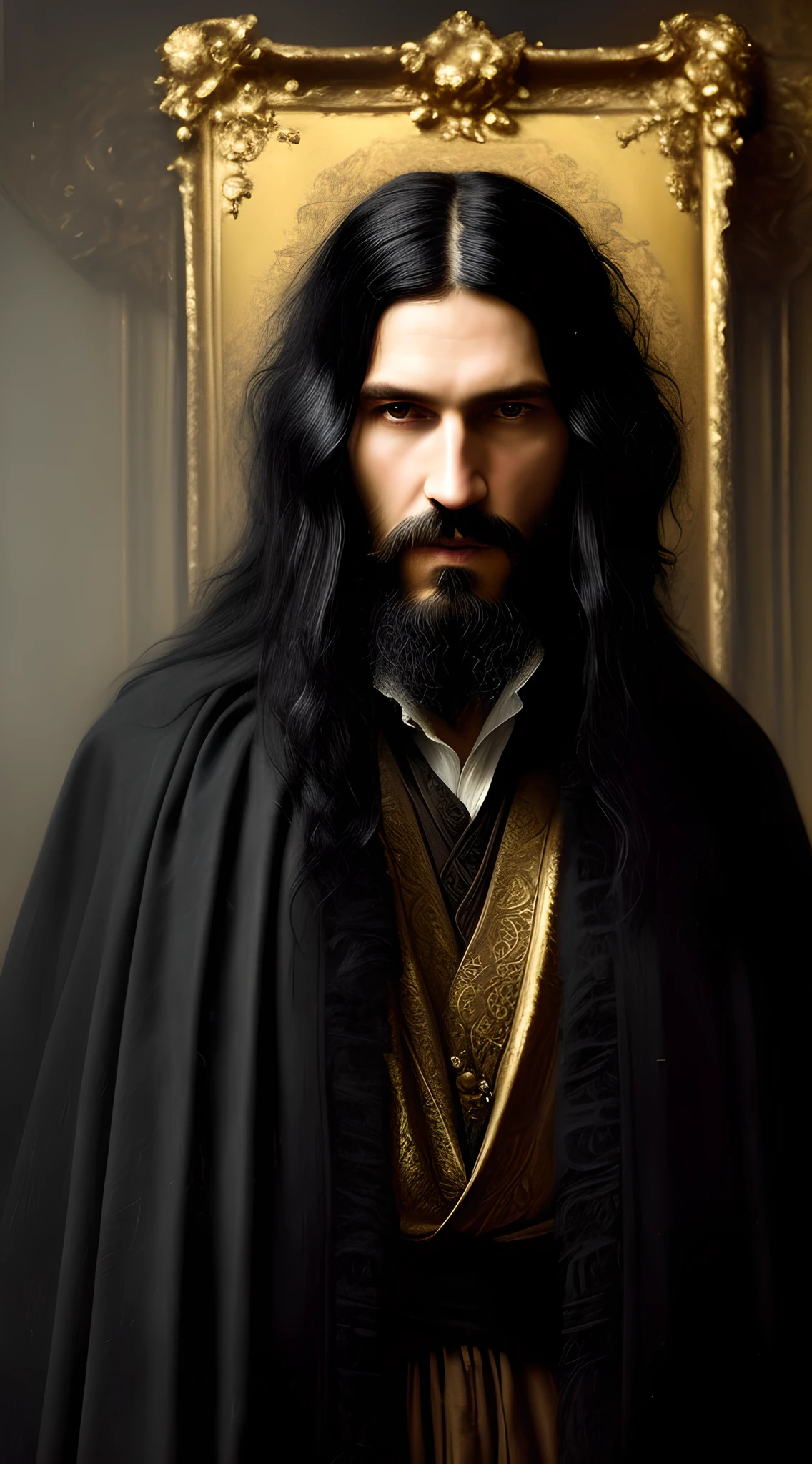 (masterpiece, high resolution, oil painting, realistic:1.3) by Greg Rutkowski, Grigori Rasputin, (wild, long black hair:1.2), captivating gaze, dressed in ragged royal Edwardian robes, (gritty, unwashed look:1.1). At ease in an opulent dining room, poisoned drink in hand, antique furniture, flickering candlelight, (eerie, dark, brooding atmosphere:1.4), authentic historical context.