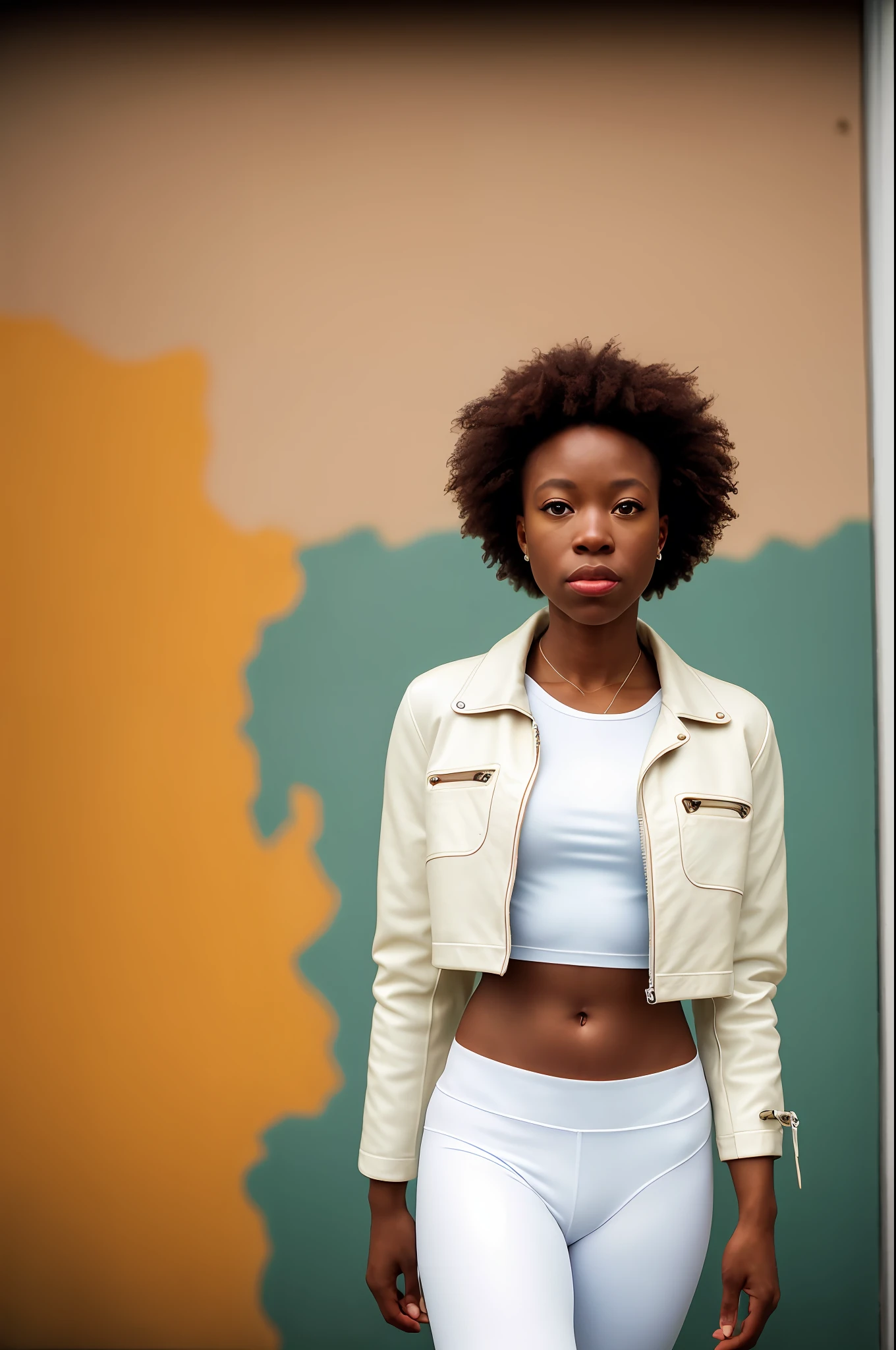 masterpiece,ultra realistic,full body photo of ,1african american girl, white leggings, leather jacket, skin pores visible, street, italy street, (film grain:1.2), (film overlay:1.3), night,, looking at viewer, hyper detailed  POV, by lee jeffries, nikon d850, film stock photograph ,4 kodak portra 400 ,camera f1.6 lens ,rich colors ,hyper realistic ,lifelike texture, dramatic lighting , cinestill 800,