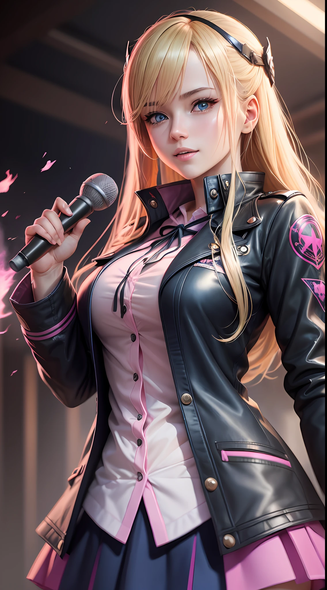 Anime girl with blonde hair with, Blue eyes, pink blouse with black jacket, holding a microphone, Rotated skirt, protagonist, hell, fire, dark sky 👀 female, evil smile, using magic, pink magic, full body commission for anime, hyper realistic texture, realistic photo, ultra detailed, no drawing edges, photorealistic, ultra realistic clothes texture, Natural lighting,  realistic lighting, no dark edges, detailed shadows, ultra realistic photo, absurd realistic, realism, no drawing edges, ultra absurd photorealistic, mega realistic hair, mega realistic clothes, absurdly realistic details, no deformities, no drawing edges, no drawing lines, 8K, 4K