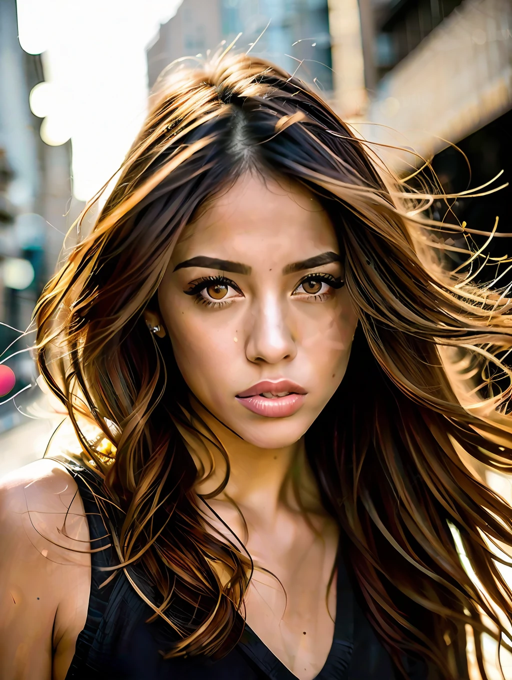 portrait of an insanely stunning beautiful sexy Brazilian woman in a city environment, messy windy light brown hair, flipping hair, hazel eyes, symmetrical face, dramatic lighting, Chaotic atmosphere, sharp eyes, (extreme skin details) ultra realistic, rule of thirds, dramatic overhead lighting, detailed face, cute, shallow depth of field, intricate details, gold rays,