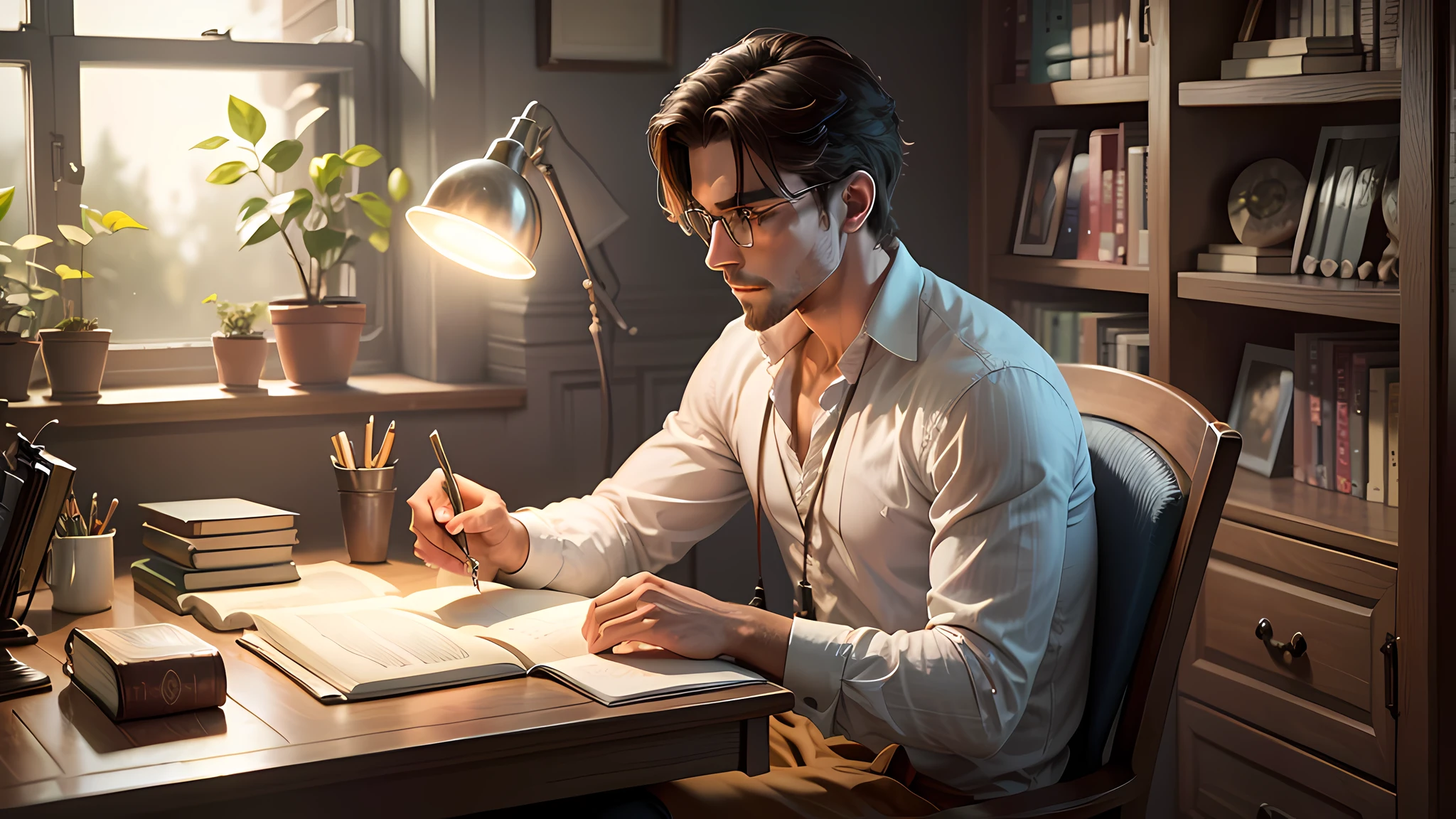 Man on his back, sitting in a chair and studying at a table, room half dark, with a lamp illuminated the books --auto --s2