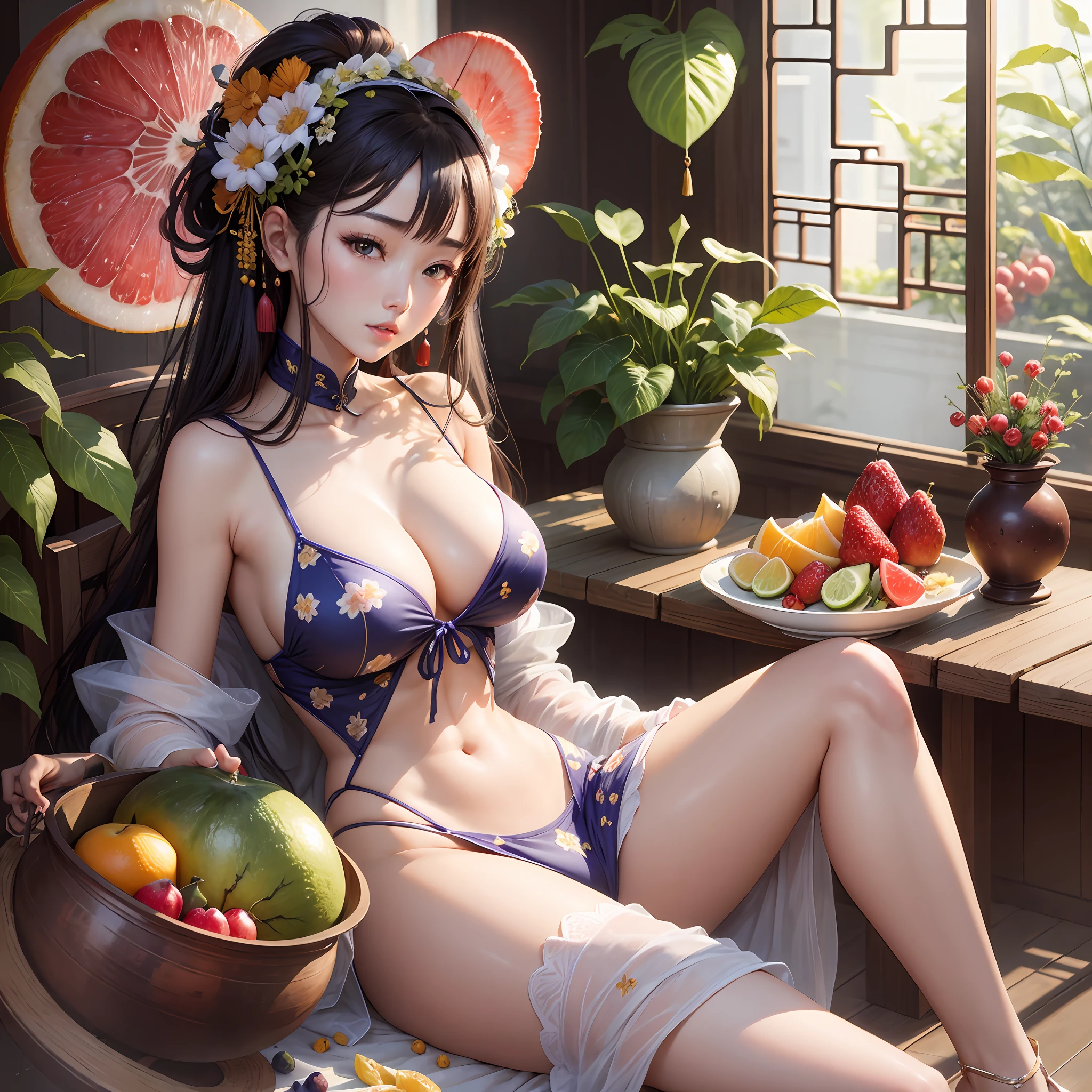 a woman sitting in a bowl of fruit, fruit bowl, pengzhen zhang, gorgeous chinese model, bowl of fruit, jia ruan, really large bust, fresh fruit, wenfei ye, leslie zhang, sfw huge breasts, chinese girl, xiaofan zhang, fruit celebrity, cgsociety 9, spilling juice, fruit basket, fruit monster, large bust --auto --s2