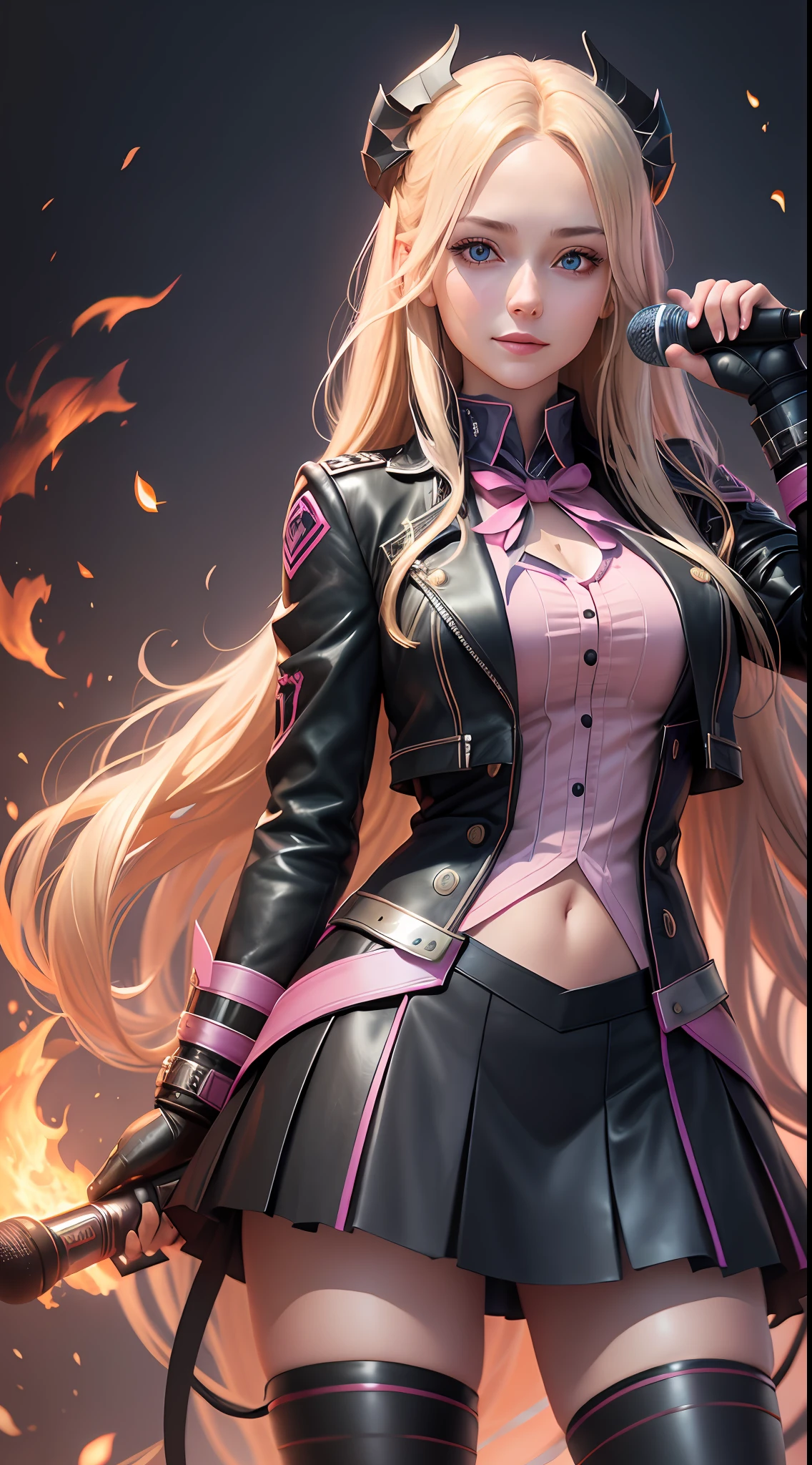 Girl with long blonde hair, Blue eyes, pink blouse with black jacket, holding a microphone, Rotated skirt, protagonist, hell, fire, dark female sky 👀, evil smile, using magic, pink magic, full body commission for anime, hyper realistic texture, realistic photo, ultra detailed, no drawing edges, photorealistic, ultra realistic clothes texture, Natural lighting, realistic lighting, no dark edges, detailed shadows, ultra realistic photo, absurd realistic, realism, no drawing edges, ultra absurd photorealistic, mega realistic hair, mega realistic clothes, absurdly realistic details, no deformities, no drawing edges, no drawing lines, 8K, 4K