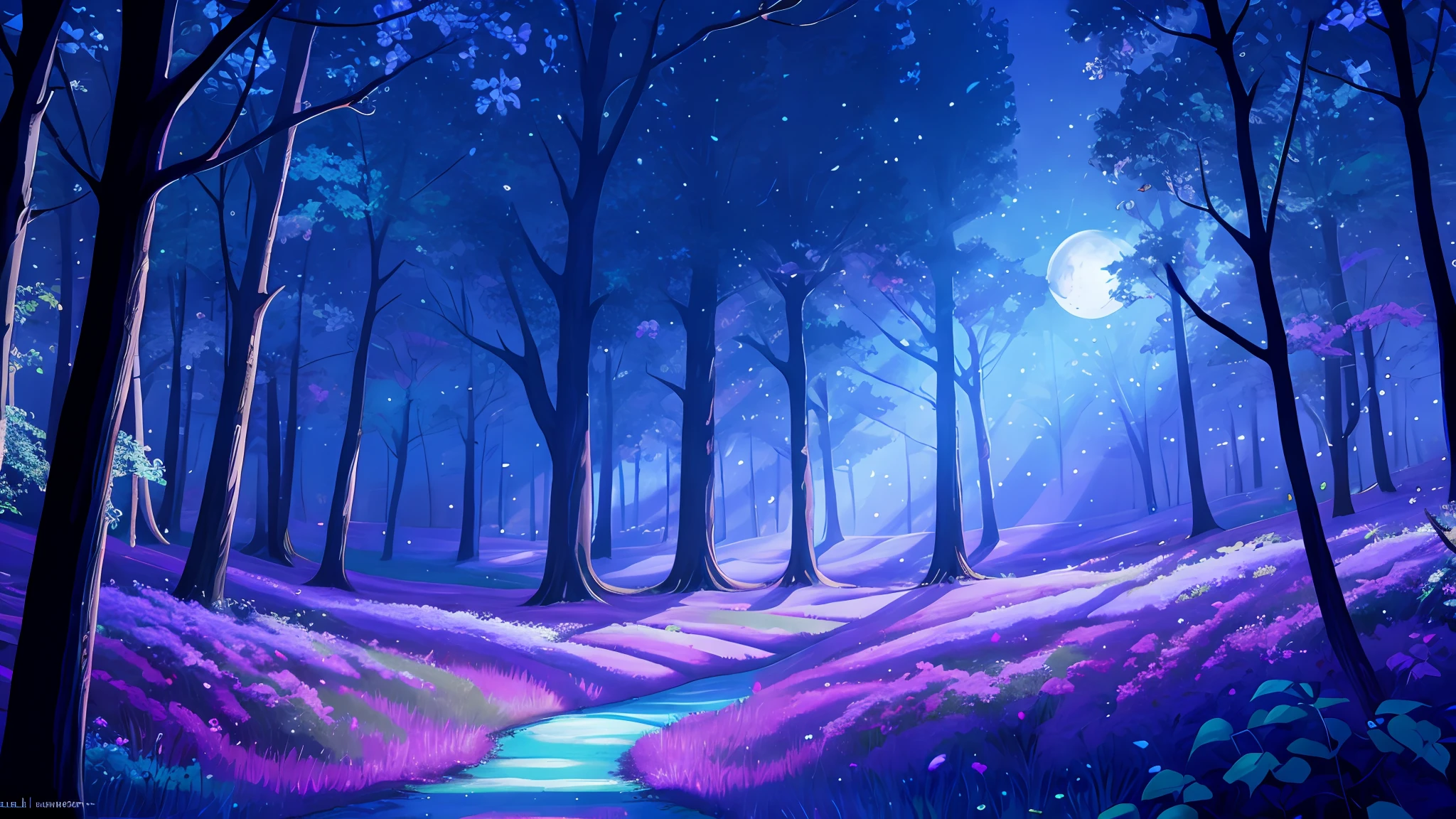 Woodland scenery with purple moon shining in the background, blue butterflies in the air