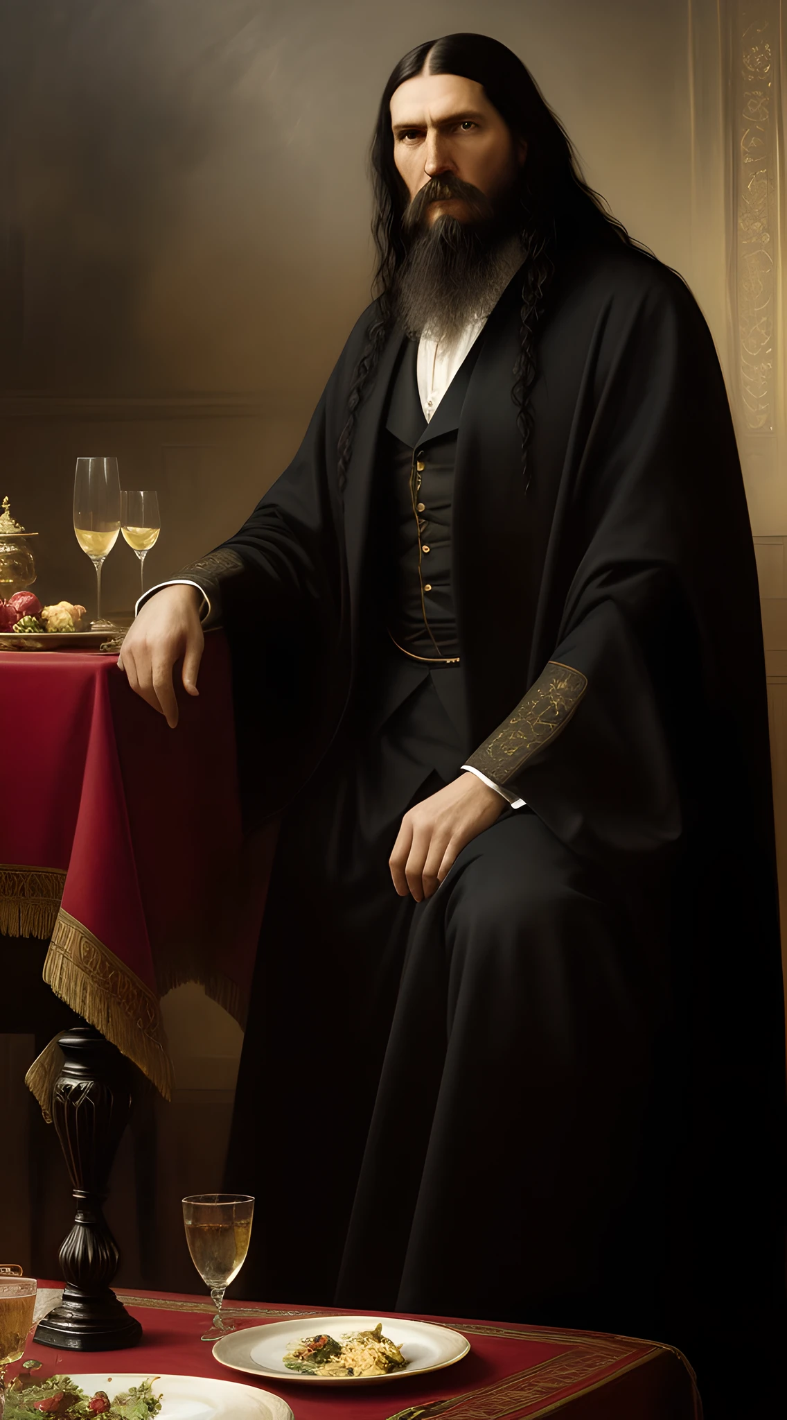 (masterpiece, high resolution, oil painting, realistic:1.3) by Greg Rutkowski, Grigori Rasputin, (disheveled long black hair:1.2), piercing gaze, clad in worn and torn royal Edwardian robes, (unkempt, dirty appearance:1.1), nonchalantly seated at a grand dinner table. Hand holding a poisoned drink, old world ornate interior, (heavy, dark, mysterious atmosphere:1.4), period-specific setting.