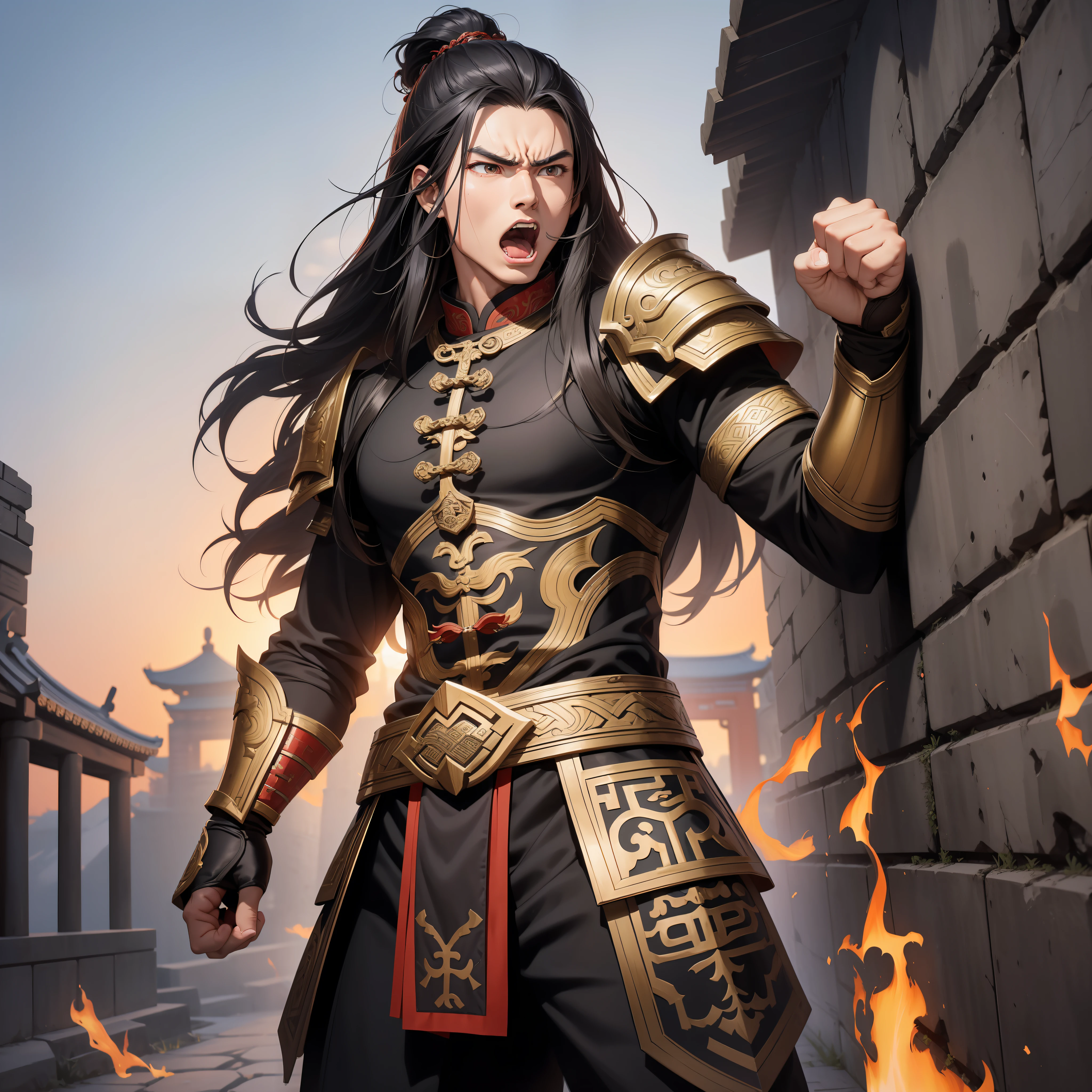 Absurd resolution, high resolution, (masterpiece: 1.4), hyper-detail, ancient Chinese, black long-haired young man standing by the wall with a fist (1.3) (open mouth roar 1.2), (angry expression 1.2), warrior in ancient Chinese armor, standing on an ancient city wall (1.3), dusk, fire (fist clenching action 1.5)