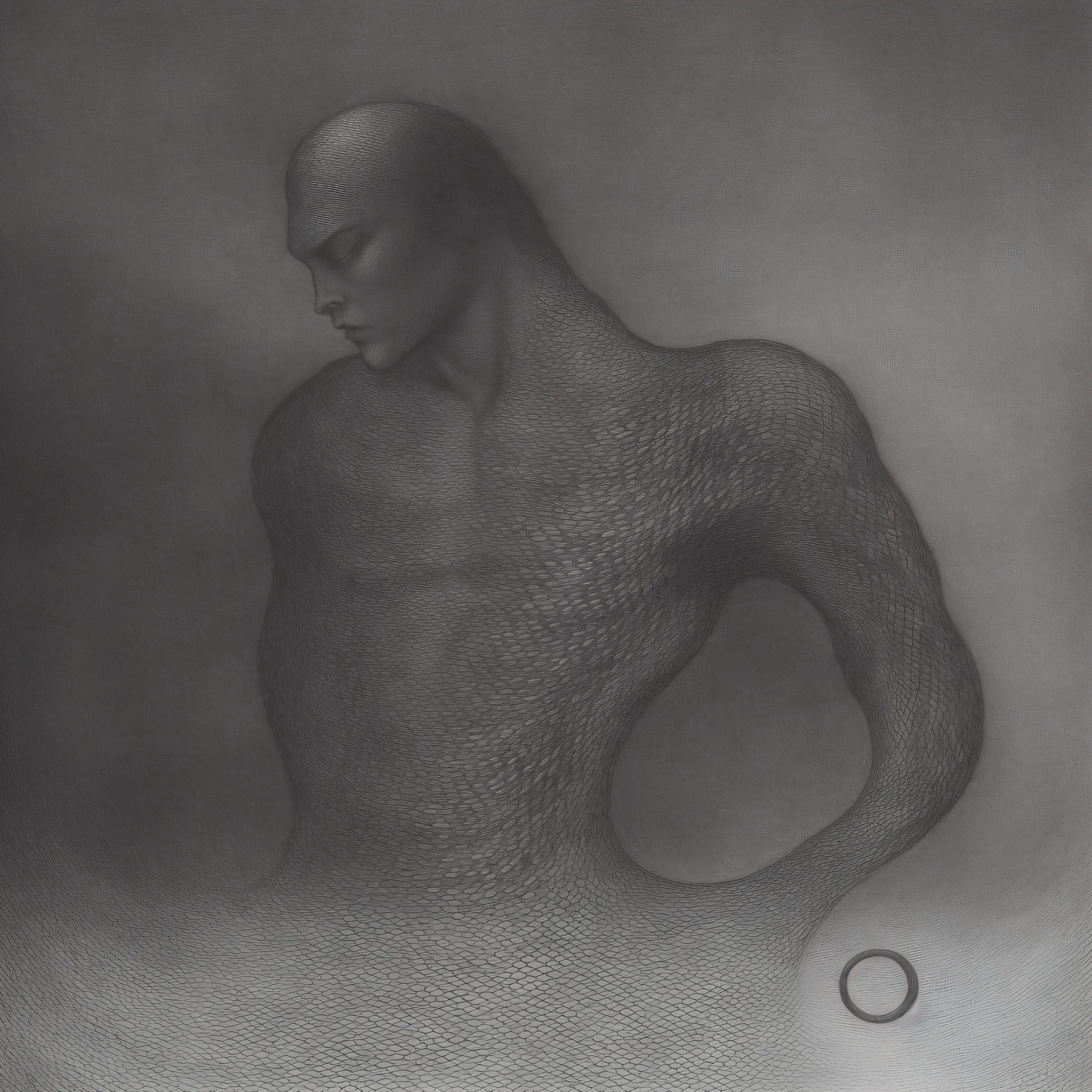 A snake around a human torso, shining in the dark, black background, sad, inspired by Beksinski, William Blake art, ink and watercolor, renaissance art, mist and fog, photorealistic detail, black and white, dust, film grain, contrast