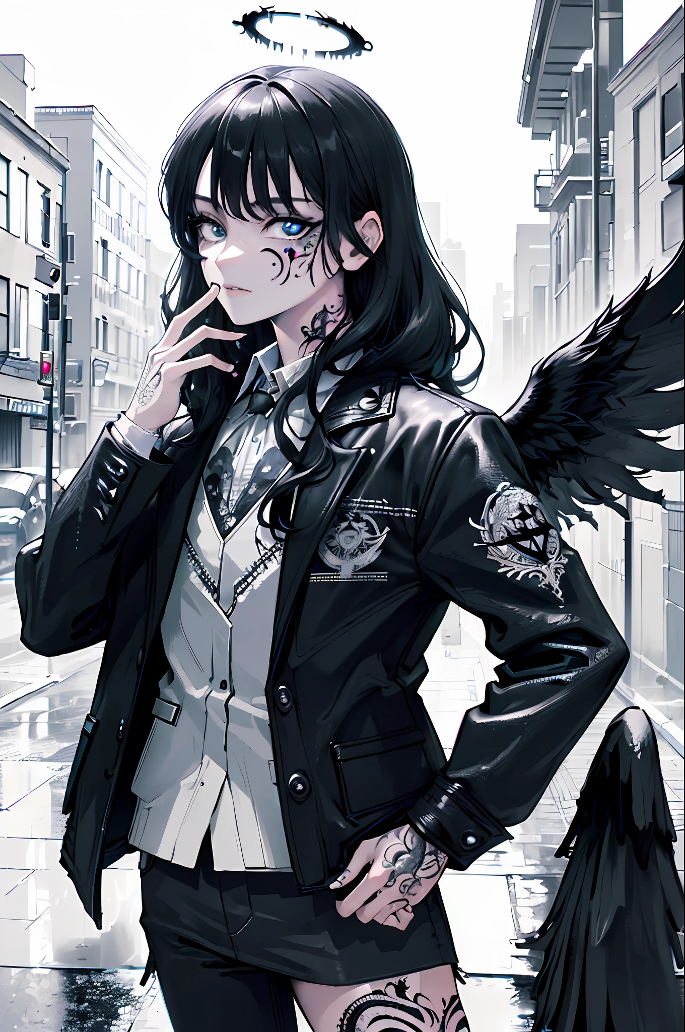 (photorealistic:1.38),masterpiece, best quality, (intricate details:1.2), (scenery:1.3), solo, face focus, (close up:0.8), ultra high res, right anatomy, detailed skin, beautiful face,
1 girl, girl in patterned jacket, detailed anime eyes, (look at veiwer:1.2), (face tattoo:1.3), (tattoo:1.2), (black angel wings), angel halo,
rainy cyberpunk street, cyberpunk,
(ink wash), chaos