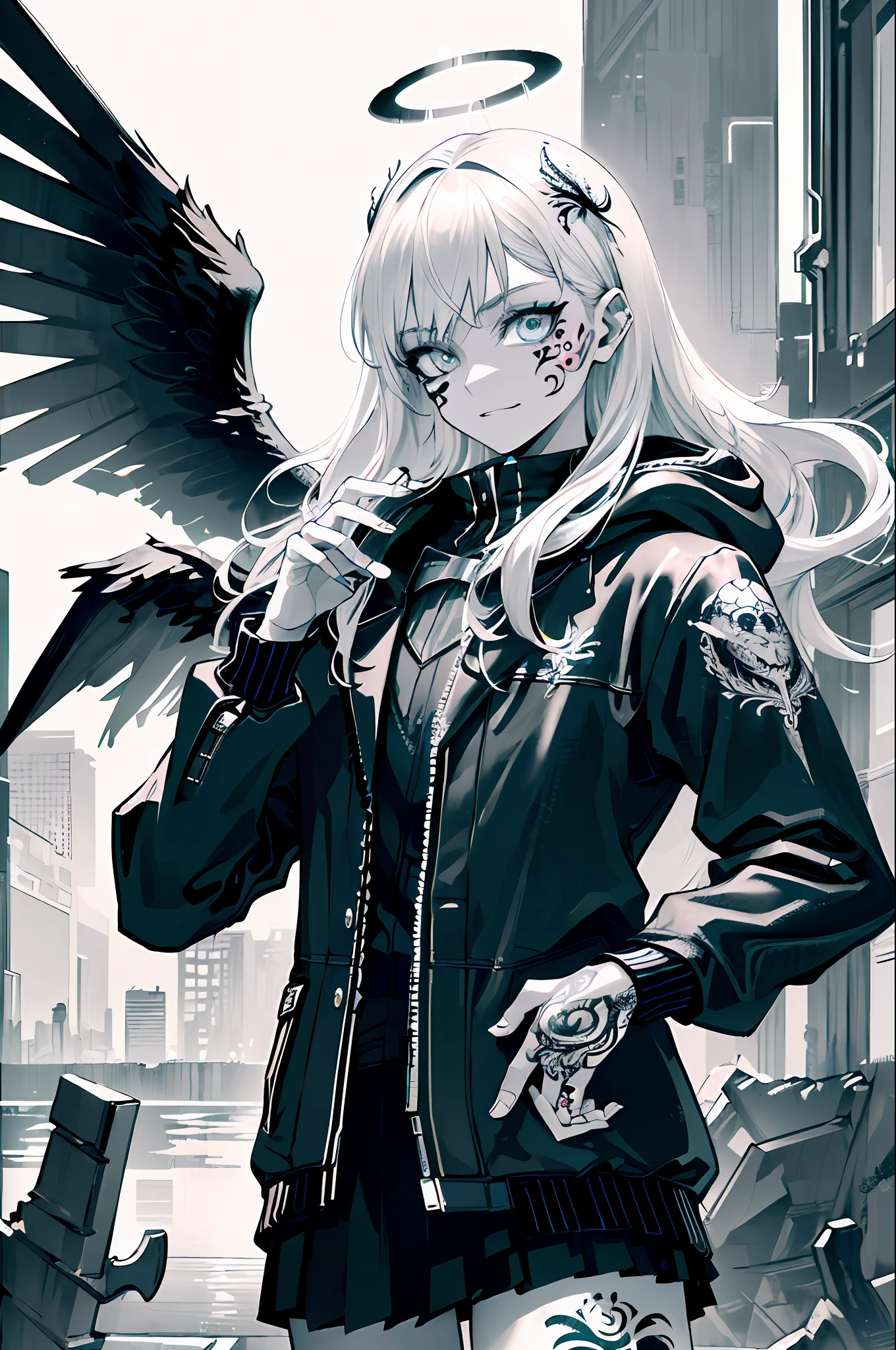 (photorealistic:1.38),masterpiece, best quality, (intricate details:1.2), (scenery:1.3), solo, face focus, (close up:0.8), ultra high res, right anatomy, detailed skin, beautiful face,
1 girl, girl in patterned jacket, detailed anime eyes, (look at veiwer:1.2), (face tattoo:1.3), (tattoo:1.2), (black angel wings), angel halo,
rainy cyberpunk street, cyberpunk,
(ink wash), chaos