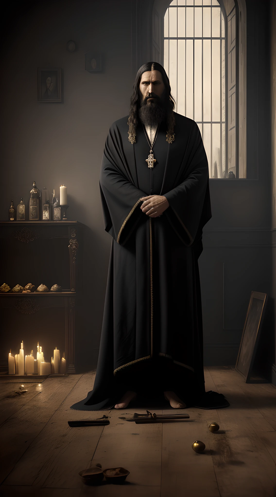 (masterpiece, 8K, UHD, oil painting, Greg Rutkowski style:1.3), Grigori Rasputin, (long, unkempt black hair:1.2), (intense gaze:1.4), bullet wounds visible, defiant stance. Background of a dimly lit room, (tattered royal Edwardian robes:1.3), unwashed appearance, rotten food and empty vodka bottles strewn about, (dark and intimidating atmosphere:1.2), realistic style.