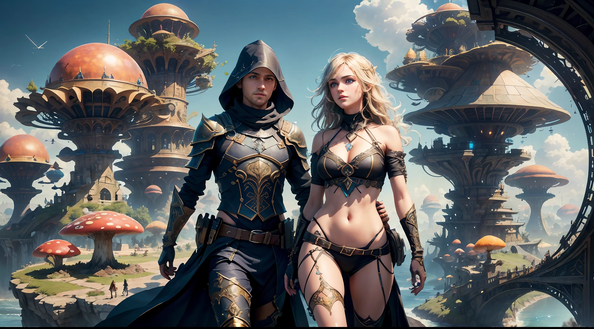 (((Multiplayer, Vivid Eyes, Man and Woman))), Best Quality, Realistic, Realistic, Award-Winning Illustrations, (Complex Details: 1.2), ((Fine Details)), (Intricate Details), (Cinematic Light, Best Quality Backlight), Clear Lines, Sharp Focus, Official Art, Unity 8k Wallpapers, Ridious, Incredibly Ridiculous, Fantasy Art, RTX, ((Award-winning Triangle Studio Close-up Photo)), 1 Boy, (Shut Up), Best Quality,4K, beautiful mysterious creatures, female, flying, surrealism, masterpieces of NCWINTERS, in mysterious country towns, masterpieces, intricate details, ff14style, urban painting, bridge, river, giant mushrooms, landscape, bright colors, (((full body portrait))),