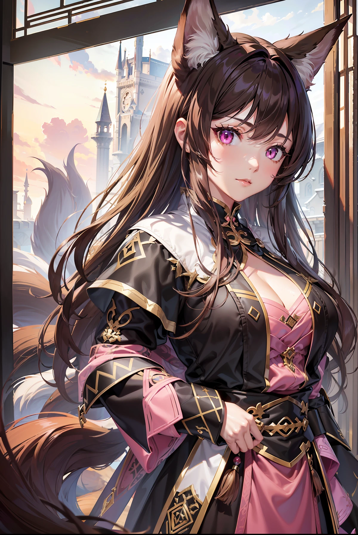 (arknight:1.02),masterpiece,best quality,4k,highres,finely detailed,amazing,extremely detailed cg wallpaper,solo,(1 woman with dark brown hair and pink eyes with nine big fox tails:1.25),looking at viewer,温柔的姐姐印象