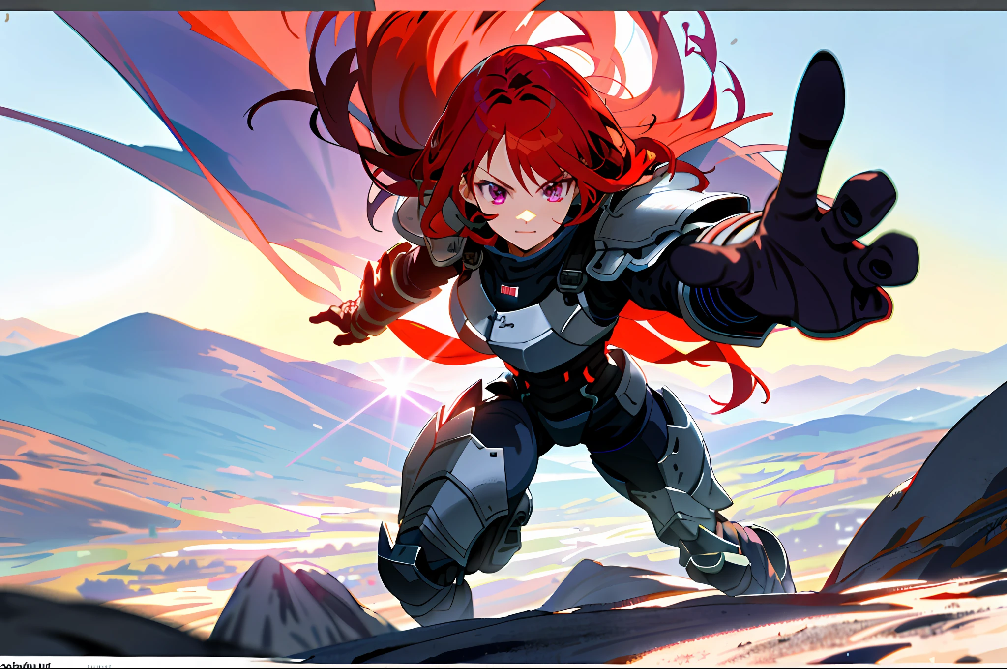 girl walking on mountains battling with a dragon, black armor, looking up at the sky, hands up blocking sunlight, sunlight catching on face, anime style, detailed drawing, bright red hair, loose hair, bright purple eyes, beautiful face, detailed hair, detailed eyes, detailed face, bright sun, bright lighting, top view perspective, whole body, slender, image with multiple perspectives of focus, landscape with the day dawning, show both arms, show both hands, show both legs, show 5 fingers, ultra detailed