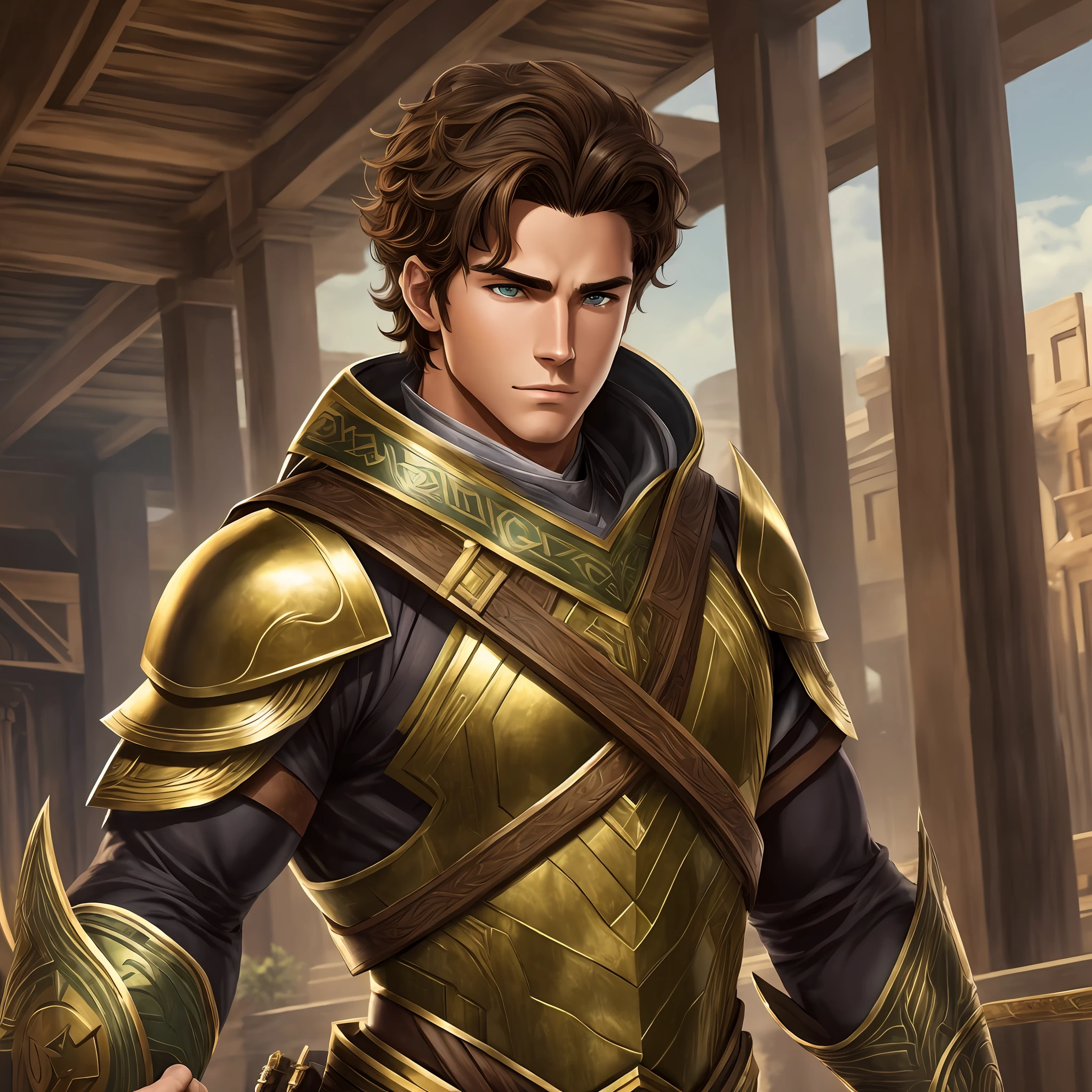 A 24-year-old male character named Ethan Hawthorne, he has green eyes, wavy brown hair, an athletic body and dark skin, wearing a warrior's outfit. --auto --s2