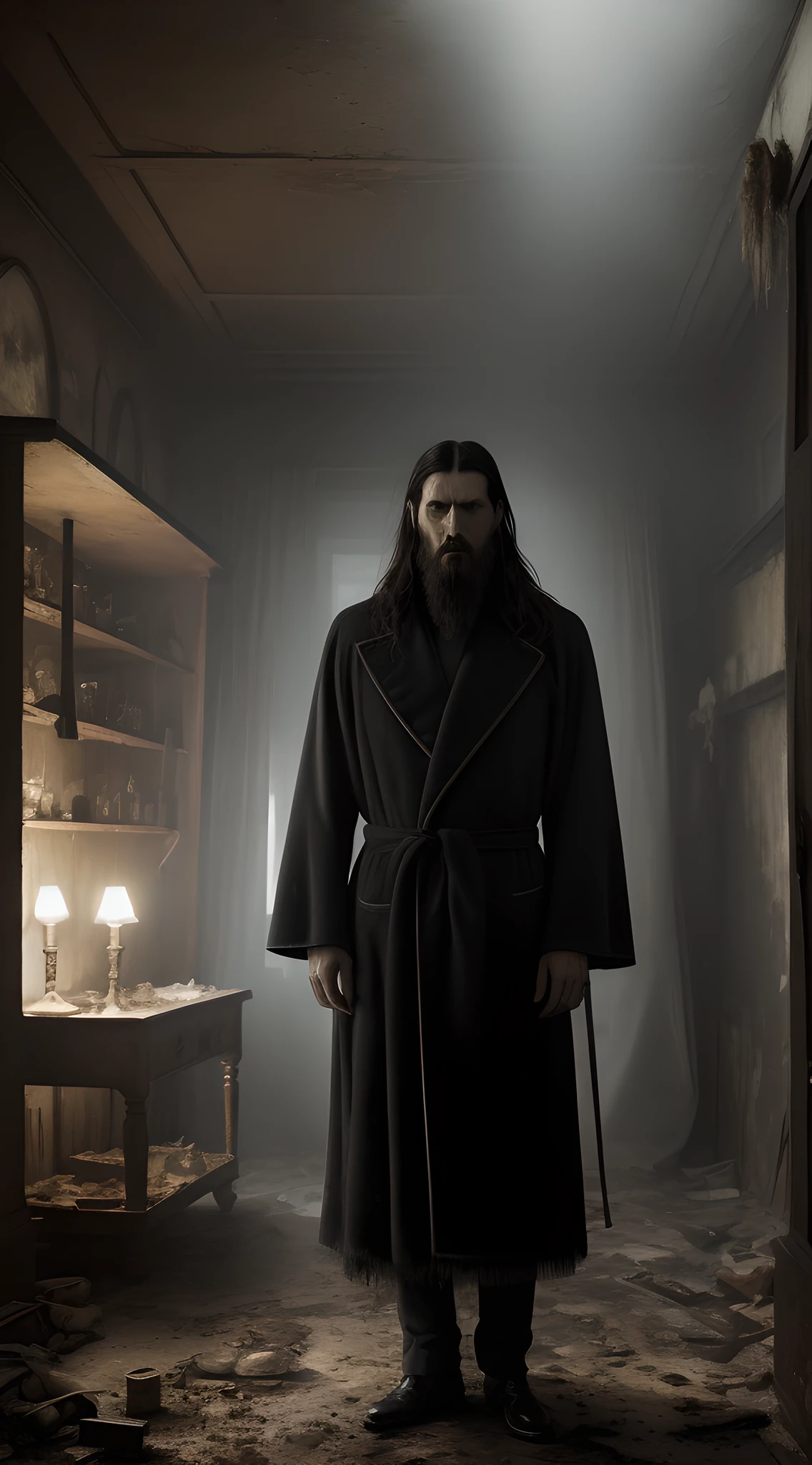 (masterpiece, high resolution, oil painting, Greg Rutkowski style:1.3), Grigori Rasputin, (wild, matted black hair:1.2), (penetrating stare:1.4), bullet wounds on chest, standing defiantly. Background includes a dimly lit, decrepit room, (ripped and dirty royal Edwardian robes:1.3), grime-streaked skin, remnants of a raucous feast, (ominous and threatening ambiance:1.2), realistic style.