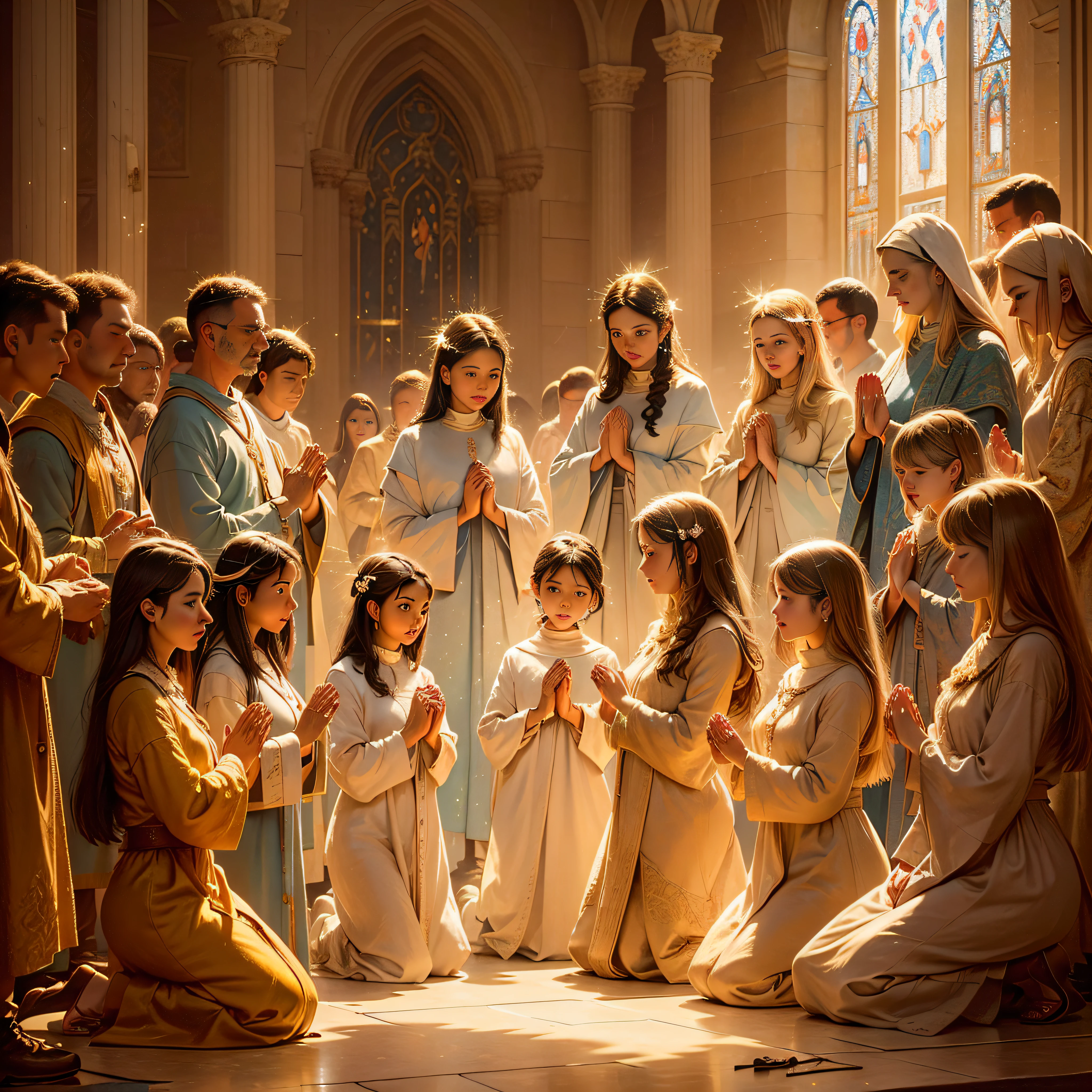 A portrait of some people kneeling in prayer, with their hands outstretched to heaven, in a Christian temple, masterpiece, best quality, ultra-detailed, high resolution, soft lighting, soft colors, soft focus, subjective environment, depth of field, painting style, religious style, transparency, sparkle, delicate shadows.